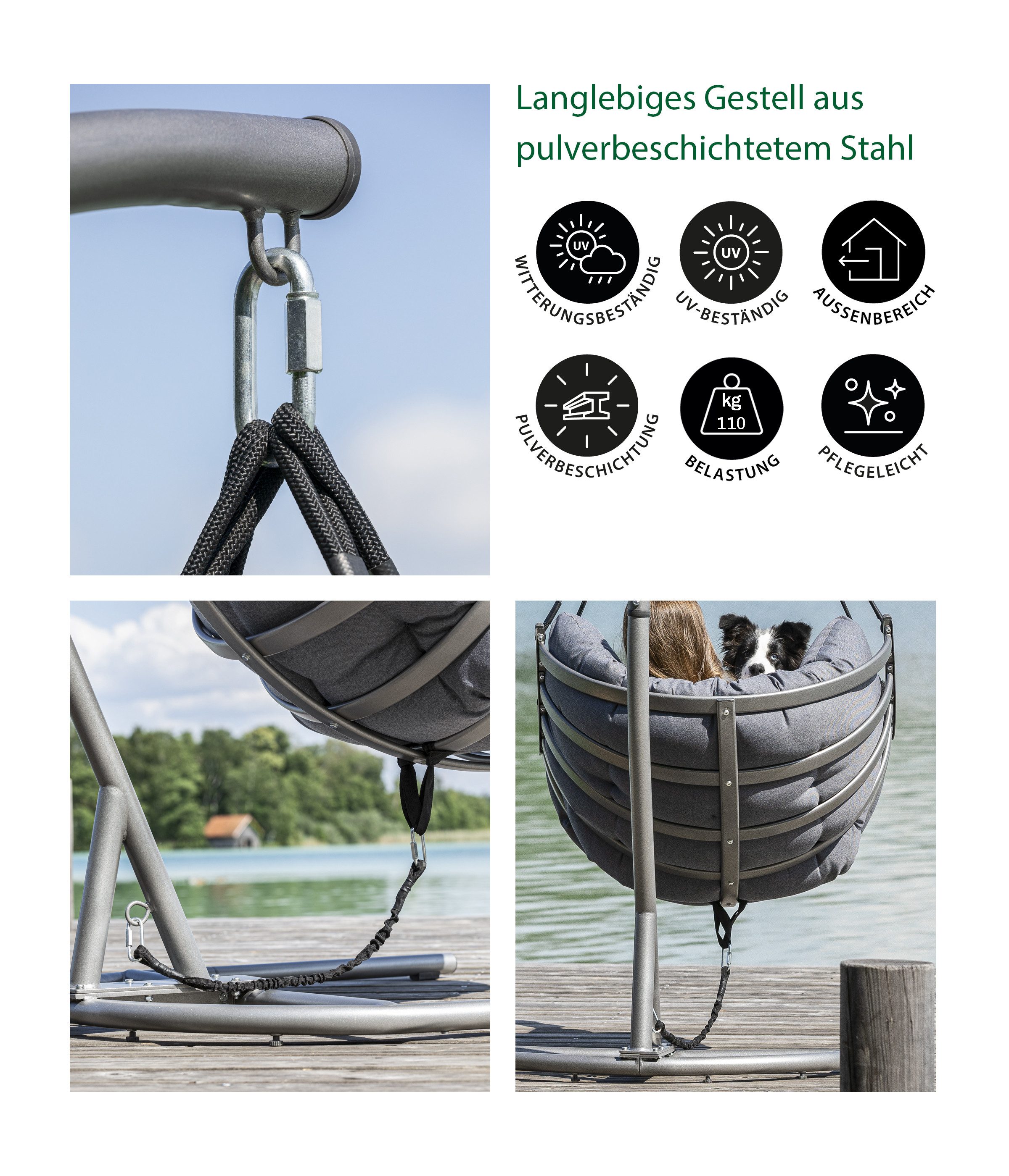 Dehner Hängesessel Chicago, 110 x 196 x 107.5 cm, Stahl / Polyester, moderner Hängekorb inkl. gemütlichem Sitzpolster