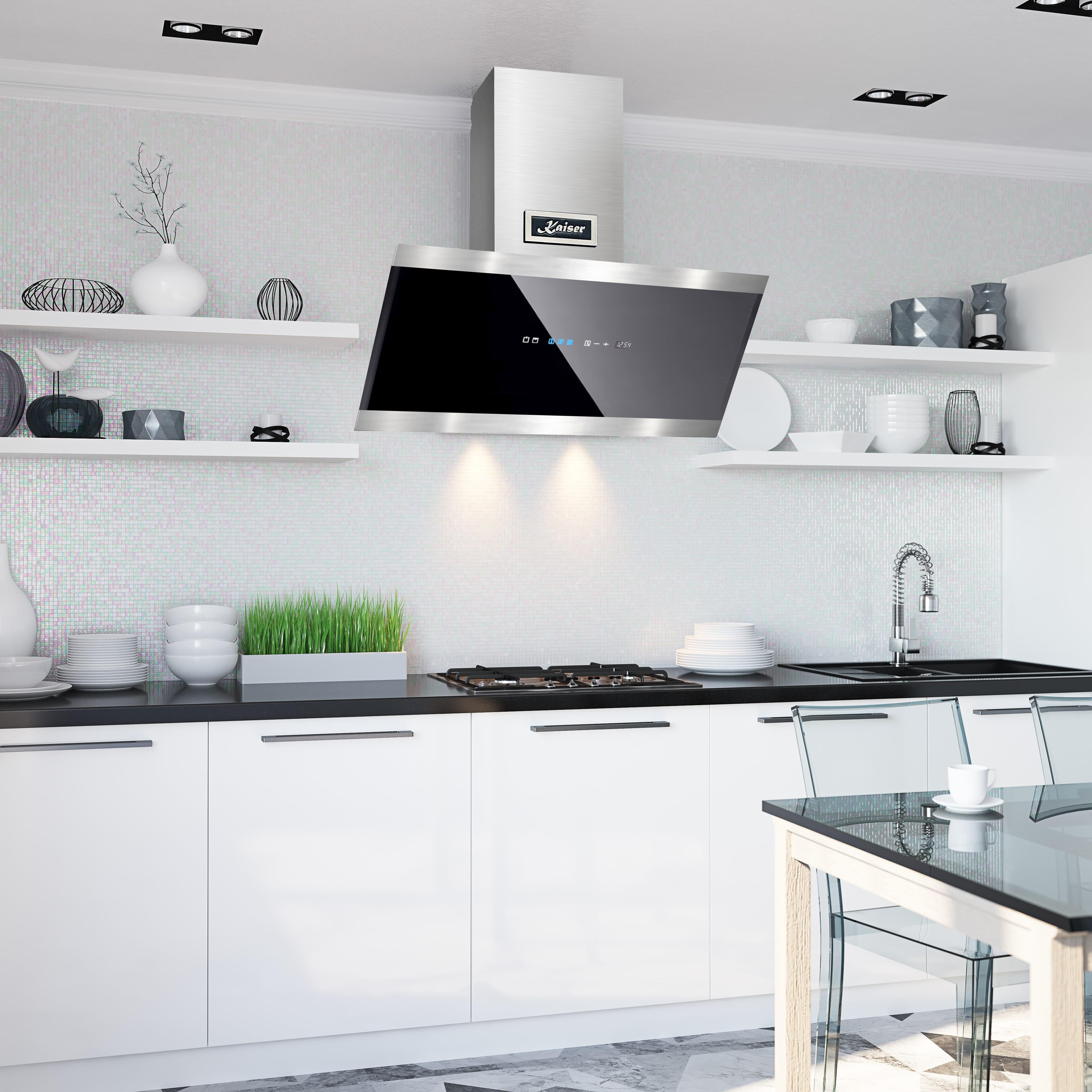 Kaiser Küchengeräte Wandhaube AT 8435 Dunstabzugshaube 80cm kopffrei Wandhaube 1250m³/h AT 8435 Dunstabzugshaube 80cm kopffrei Wandhaube 1250m³/h, Dunstabzugshaube kopffrei, 80 cm, Schwarz Glas Edelstahl, 1250 m³/h