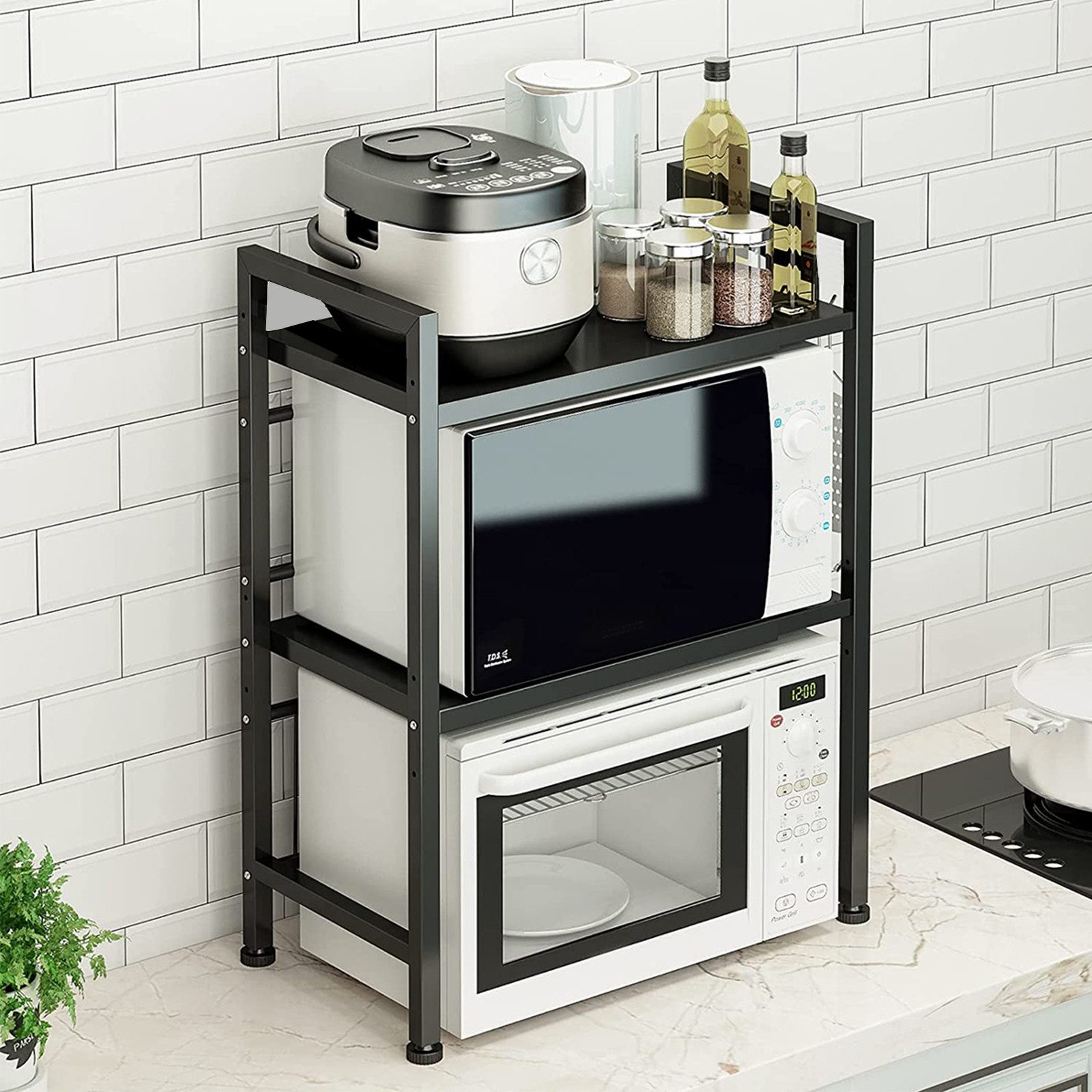 JEOBEST Regalelement Küchenregal Mikrowellenregal 3-Stufig, Erweiterbares Mikrowellen Regal, mit 6 Haken für Arbeitsplatte,Bäckereiregale,Küchenorganizer – Bild 3 von 5