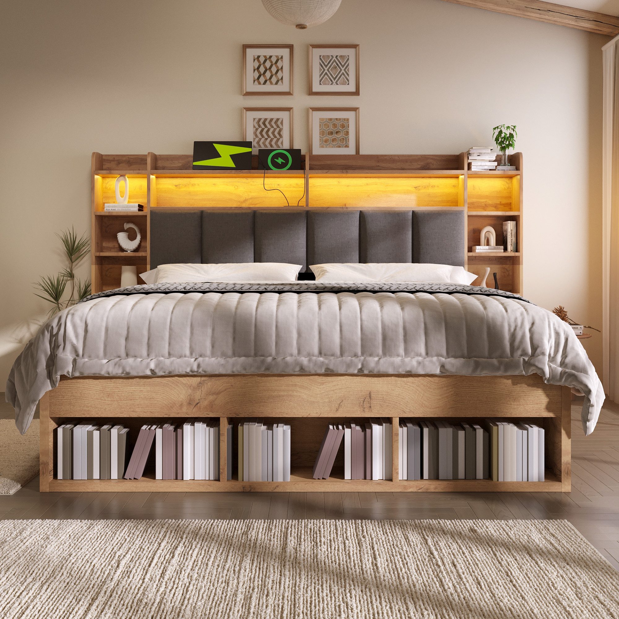 Flieks Massivholzbett, Systembett 160x200cm mit Polsterkopfteil LEDleiste Aufladen Schubladen