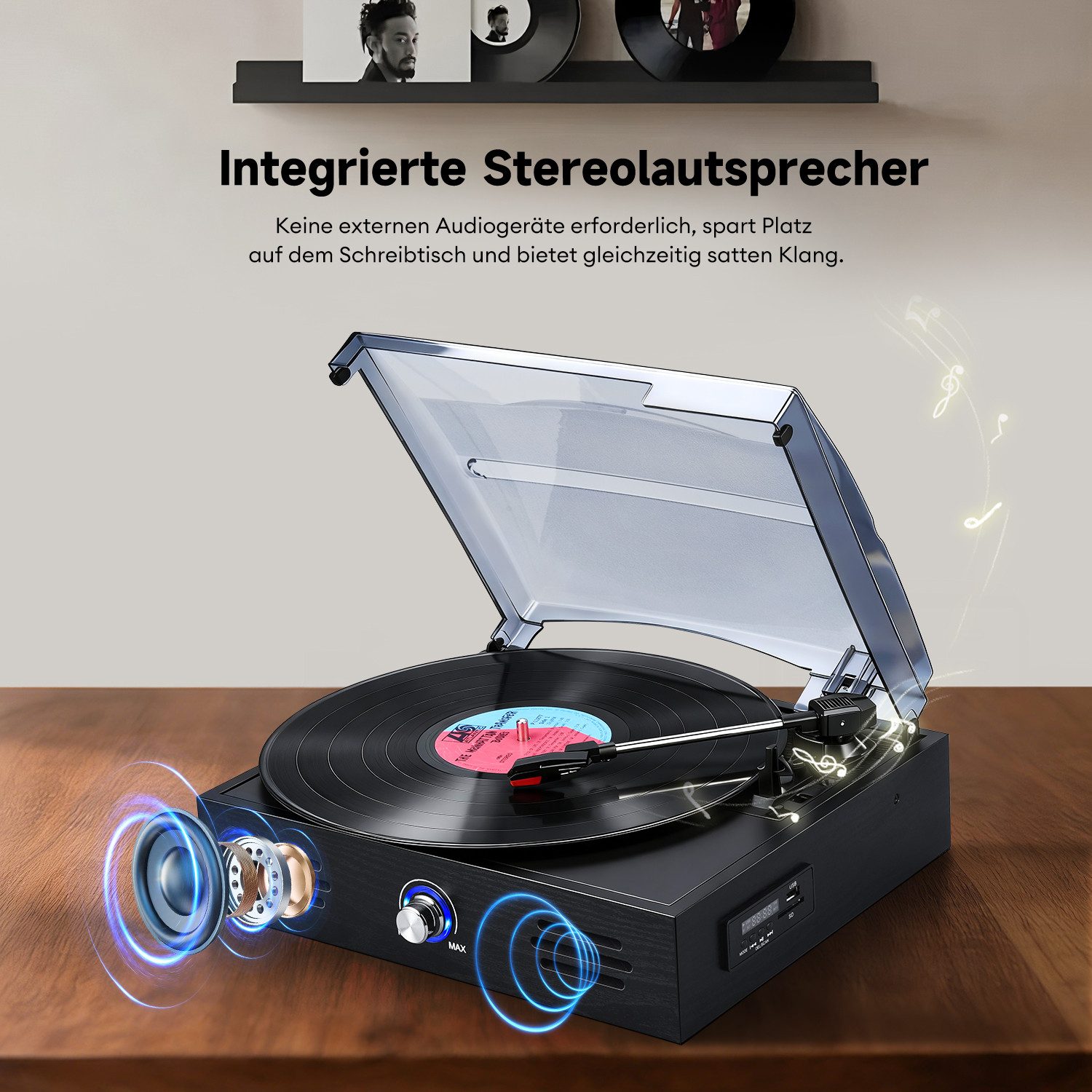 CkeyiN Pro Bluetooth Plattenspieler (Riemenantrieb, 3-Gang 33/45/78 RPM, 7/10/12-Zoll-Schallplatten, Eingebauten Lautsprechern, RCA Line Out/AUX in, Vintage Schallplatten Spieler,Geeignet für Musikliebhaber)