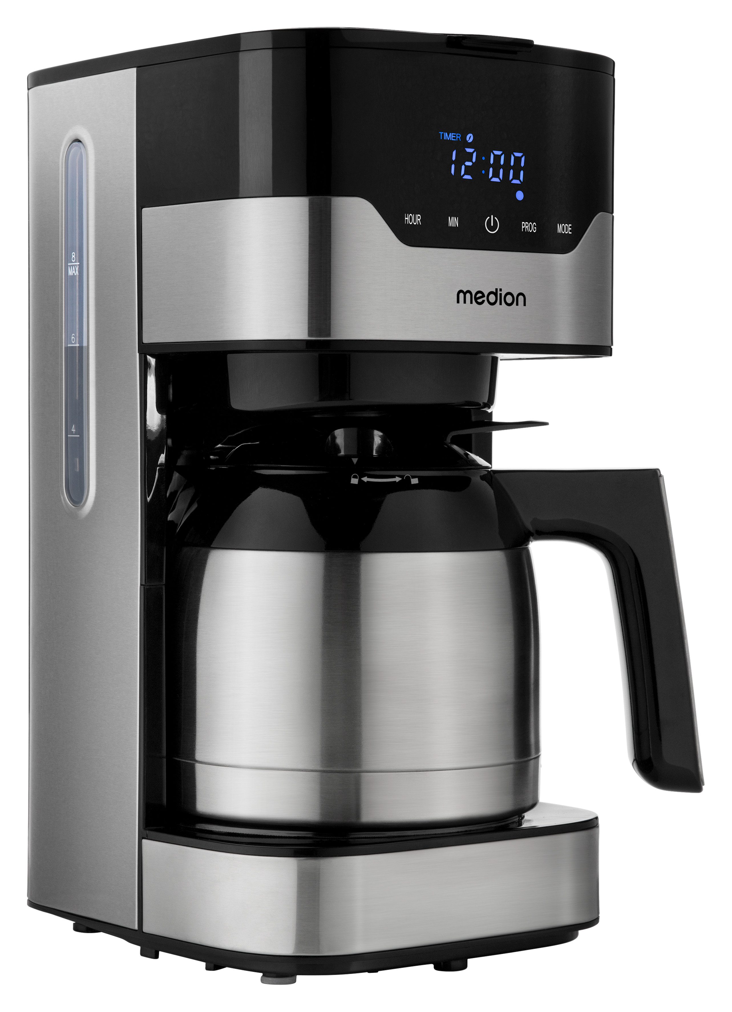 Medion® Filterkaffeemaschine MD 18458, Aromawahlschalter mit 3 Stufen, 1,2 L Edelstahlkanne, Timer, 1,2l Kaffeekanne, Permanentfilter 1x4, Wasserstandsanzeige, Tropfstopp