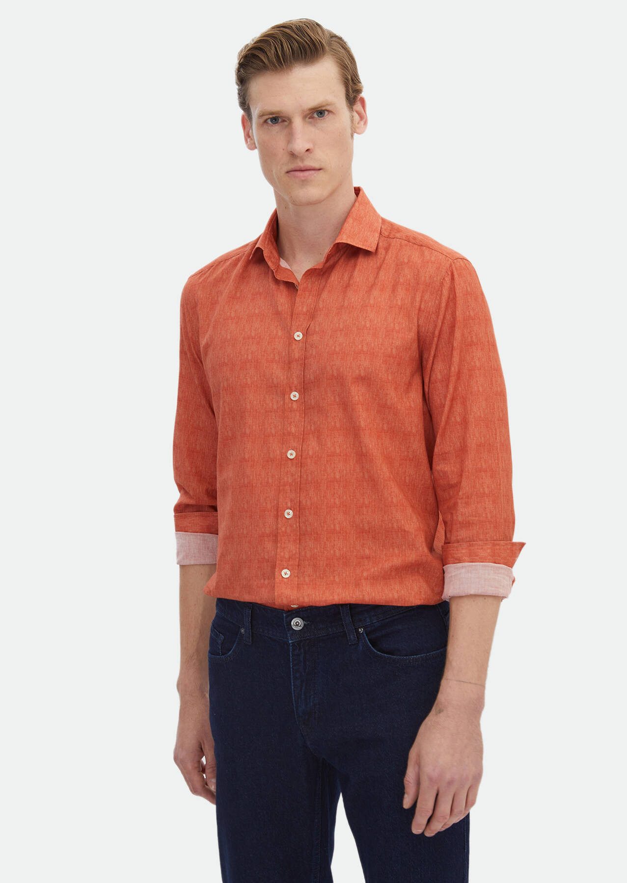 Langarmhemd Orange Gedrucktes Regular Fit Weben Freizeit 100% Baumwollhemd