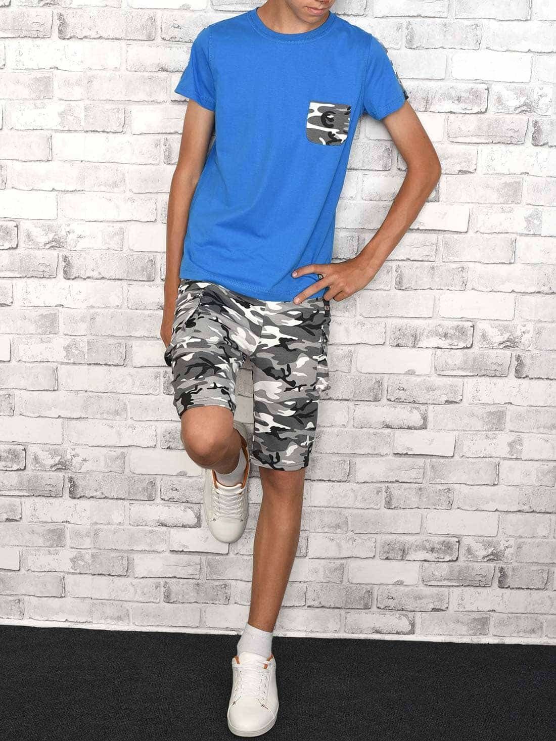 Shorts (1-tlg) Jungen casual / und Schwarz Shorts Camouflage T-Shirt Set & Sommer Cargo T-Shirt BEZLIT Blau