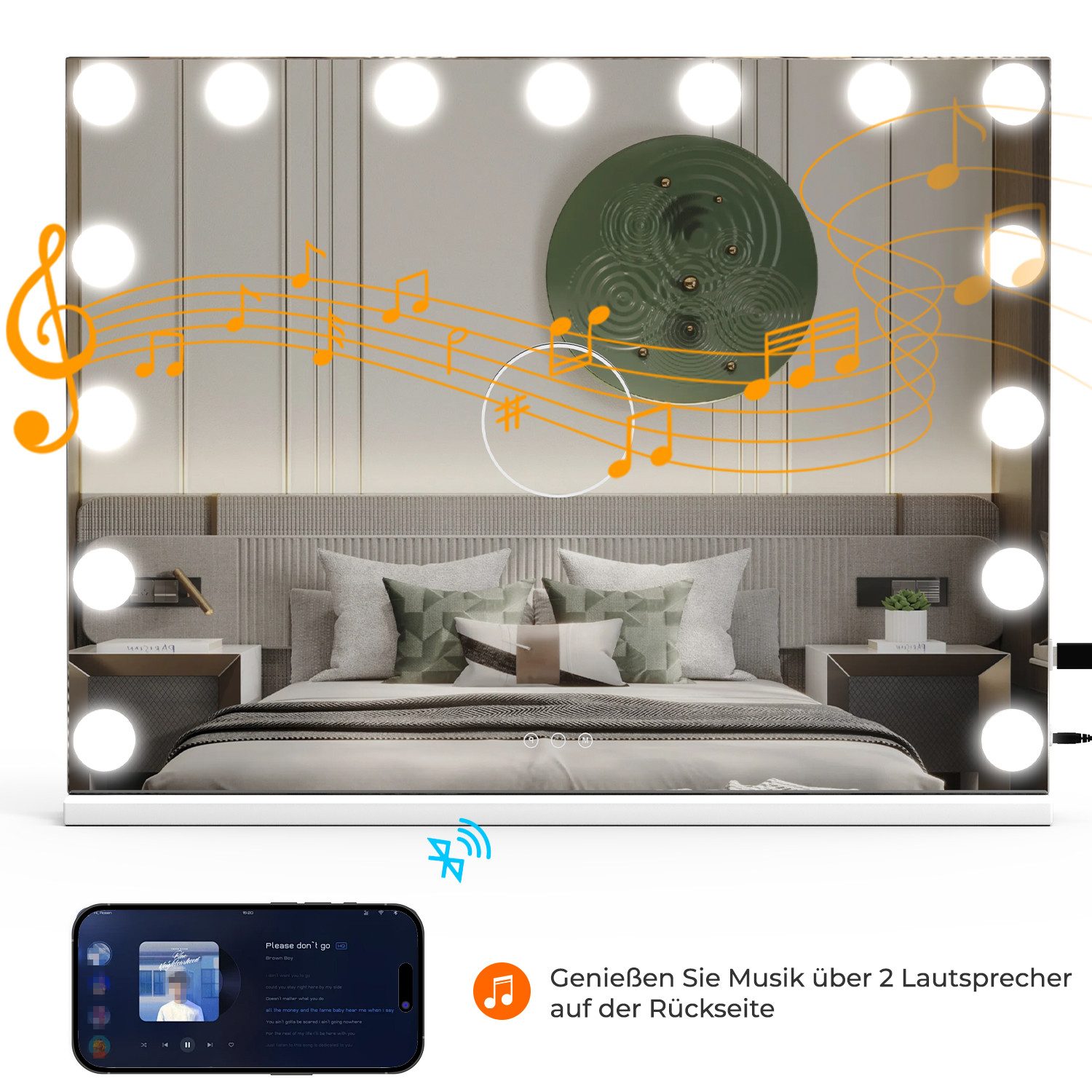 oyajia Schminkspiegel Bluetooth Hollywood Spiegel, Schminkspiegel mit Beleuchtung und USB (3-farbig einstellbares Licht mit Memory-Funktion, 1-St., Mit Musiklautsprecher, Touchscreen), Schminkspiegel mit 15/18 LED-Leuchten, stufenlos dimmbar