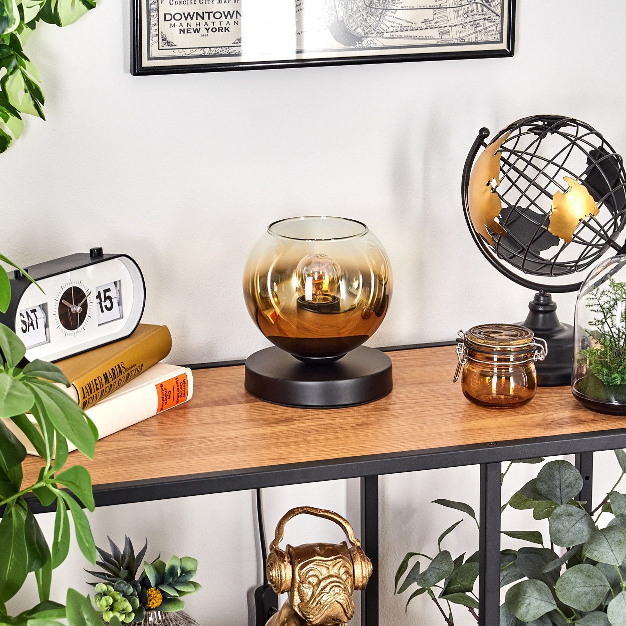 hofstein Tischleuchte Tischlampe aus Metall/Glas in Schwarz/Gold/Klar, ohne Leuchtmittel, mit Glasschrim(15cm), Schalter am Kabel, 1 x E27, ohne Leuchtmittel