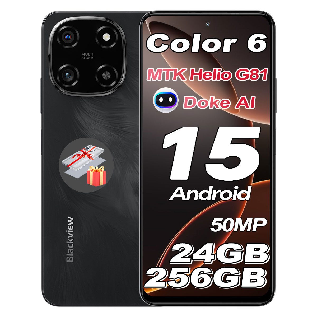 blackview Color 6 6.67" Super PD 50MP, MTK G81, AI Ohne Vertrag Smartphone (6.67 Zoll, 256 GB Speicherplatz, 50 MP Kamera, Android 15, DokeOS 4.1, 18W,Dual SIM /Fingerabdruck/Face ID/GPS/OTG)