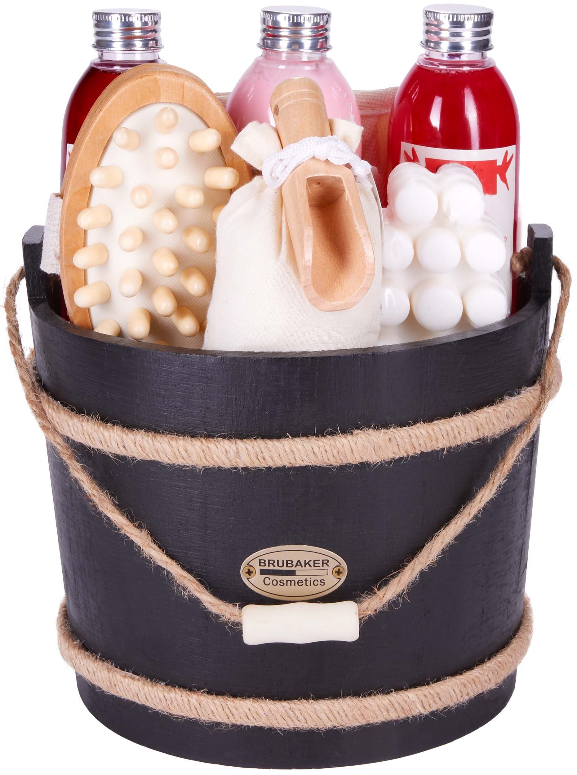 BRUBAKER Hautreinigungs-Set Bade- und Dusch Set im Holz Fass - Badeset für Frauen, 9-tlg., Damen Geschenkset im Badefass, Pflegeset mit Cranberry Duft