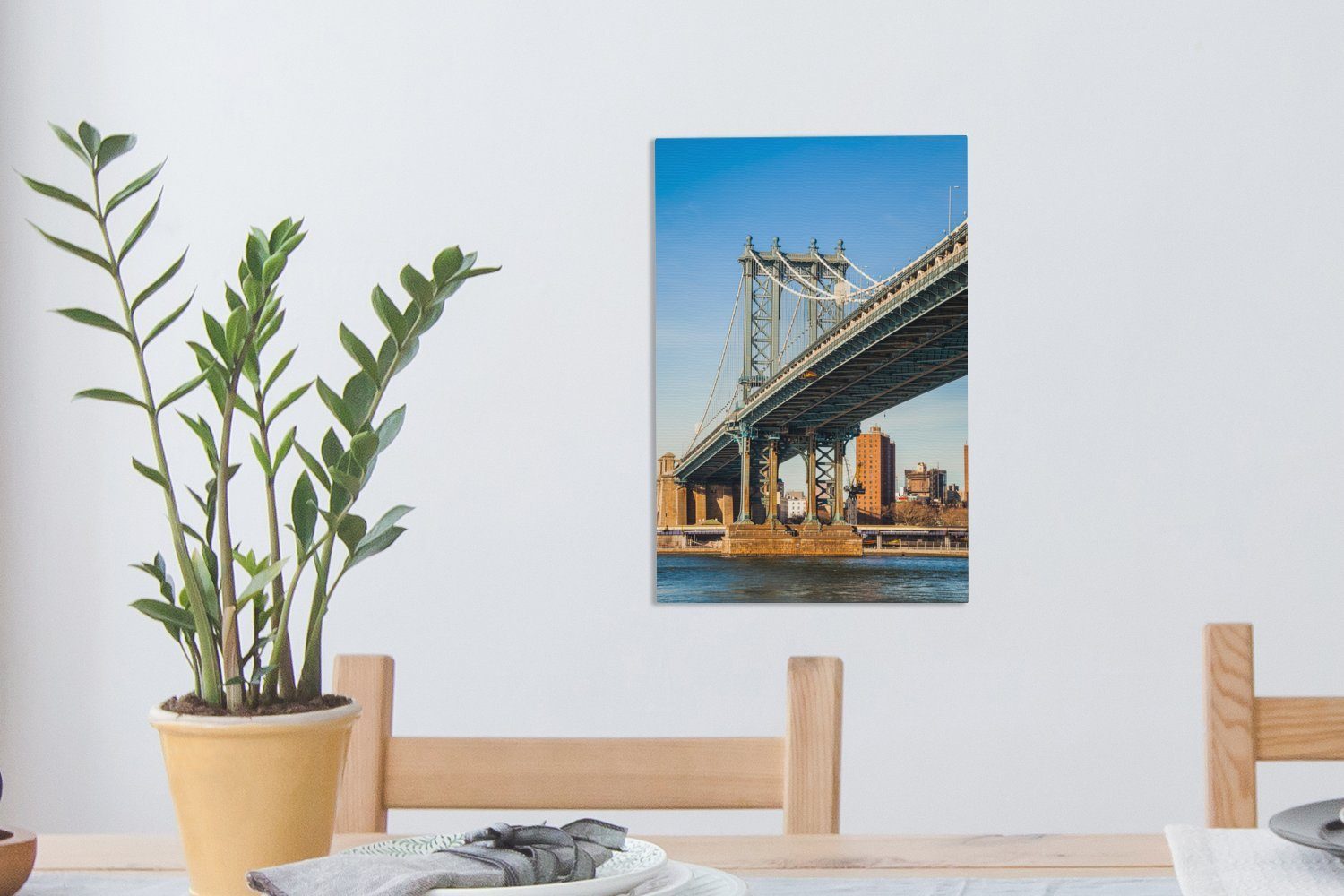 - bespannt Leinwandbild Manhattan Gemälde, (1 20x30 Brücke cm Wasser, OneMillionCanvasses® Leinwandbild inkl. fertig St), Zackenaufhänger, -