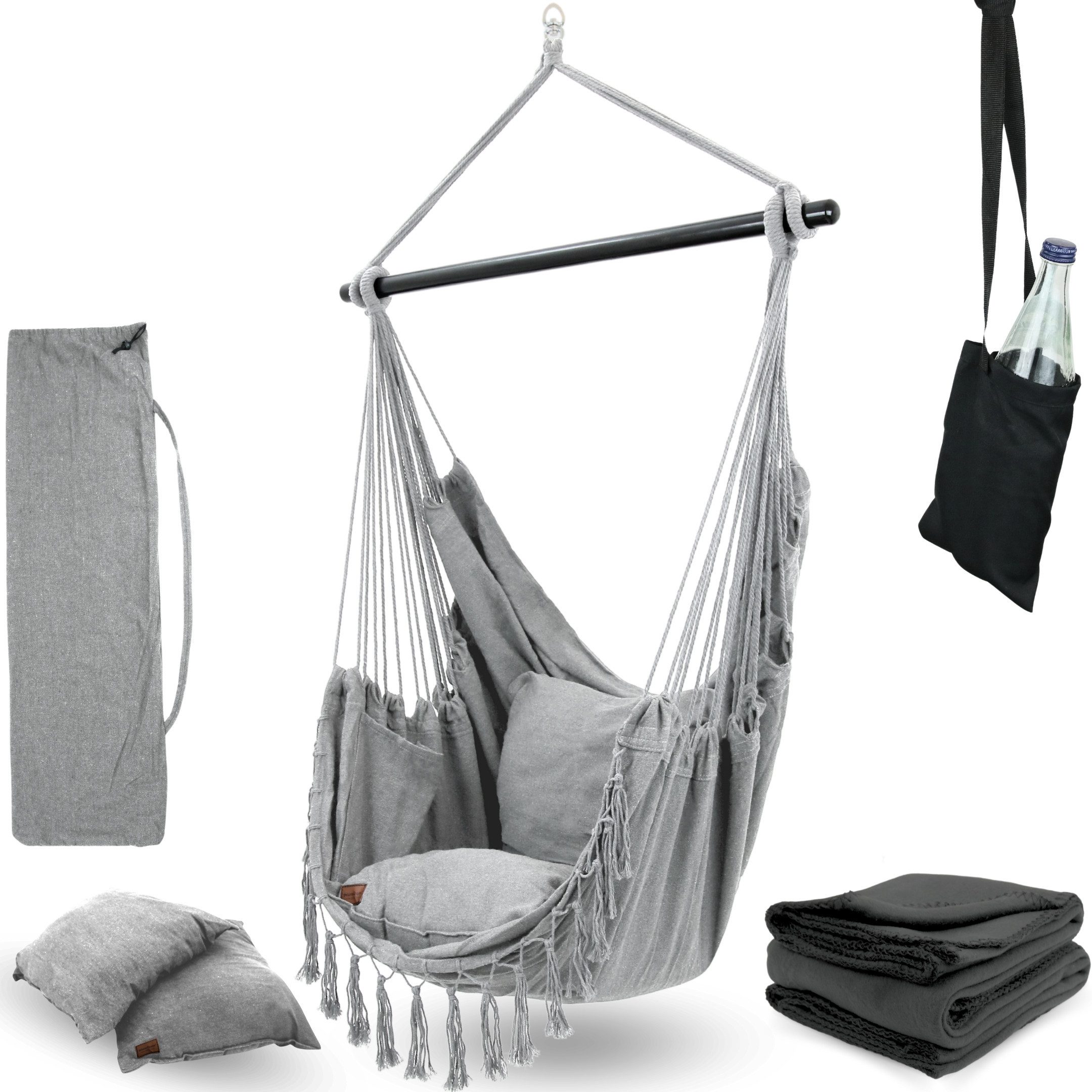 deluxe4home Hängesessel Hängeschaukel, Deckenschaukel Indoor & Outdoor I, inkl. Kissen, Kuscheldecke & Getränkehalter
