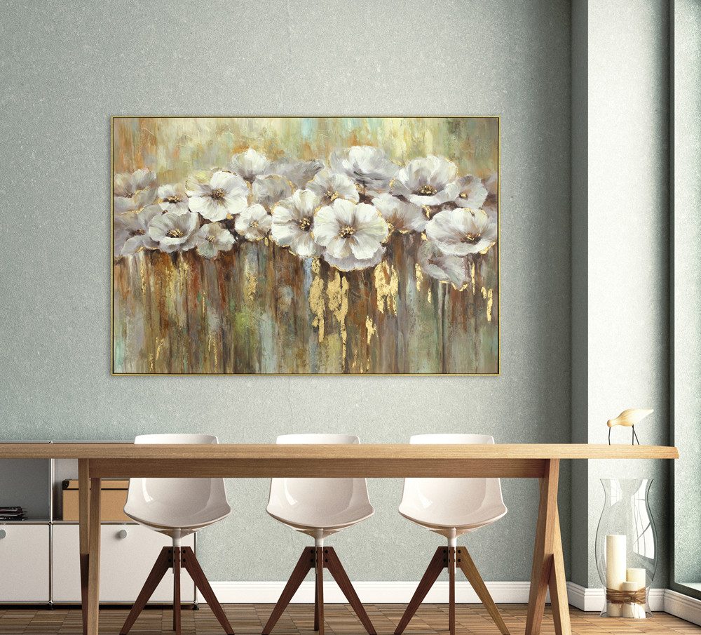 ArtUniverse Gemälde Leinwandbild Weißer Mohn mit Gold 120x80 cm, Naturmotiv