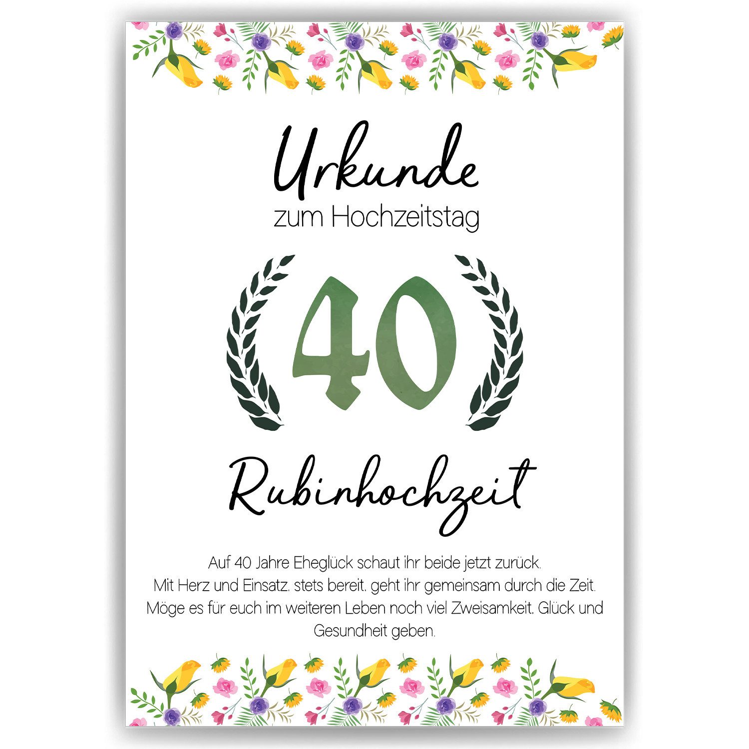 Tigerlino Poster 40. Hochzeitstag Geschenk Urkunde zur Rubinhochzeit Deko