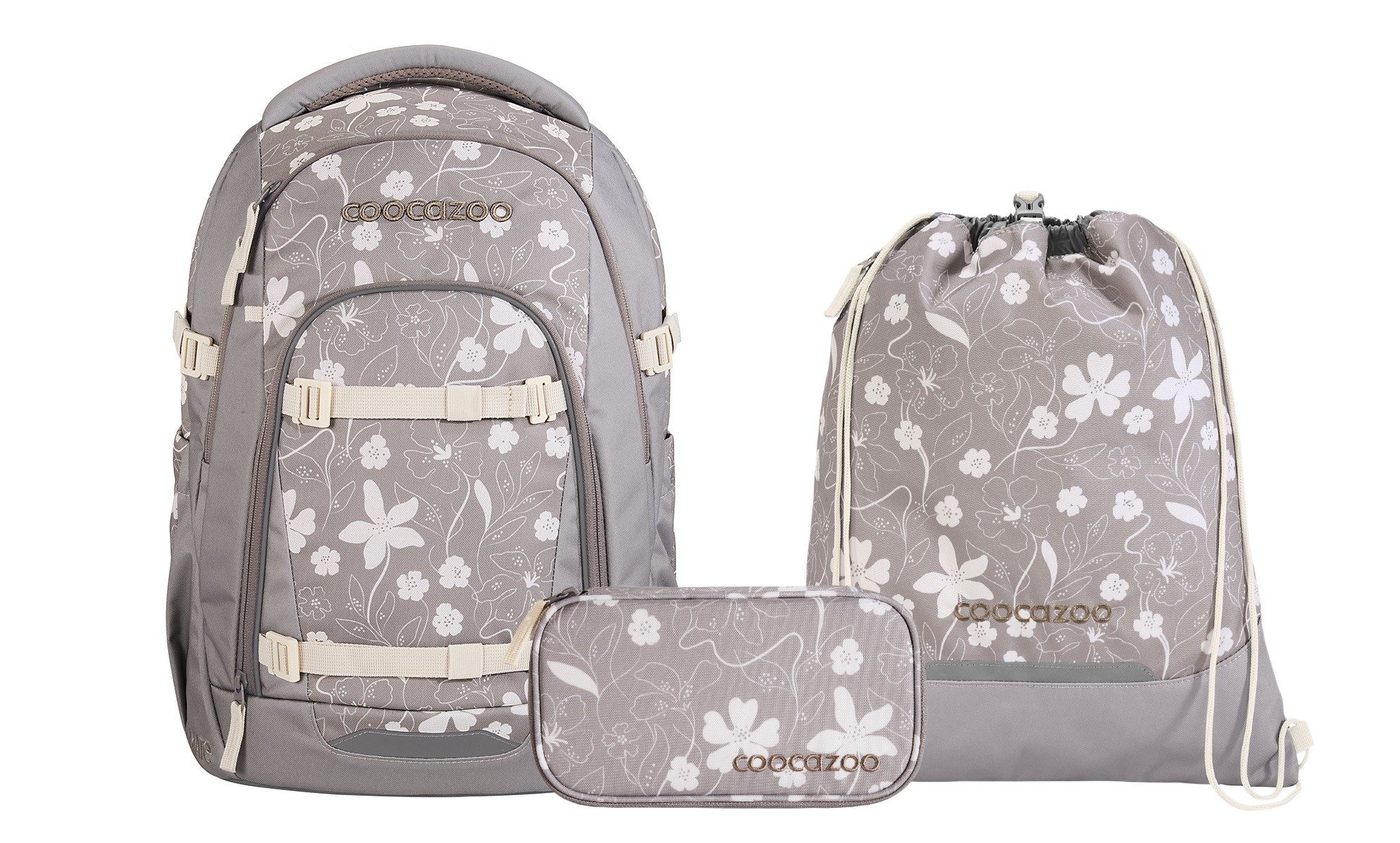 coocazoo Schulranzen Schulrucksack-Set MATE Vanilla Bloom 3-teilig (3-teilig), ergonomisch, Körpergröße: 135 - 180 cm, Easy-Grow-System