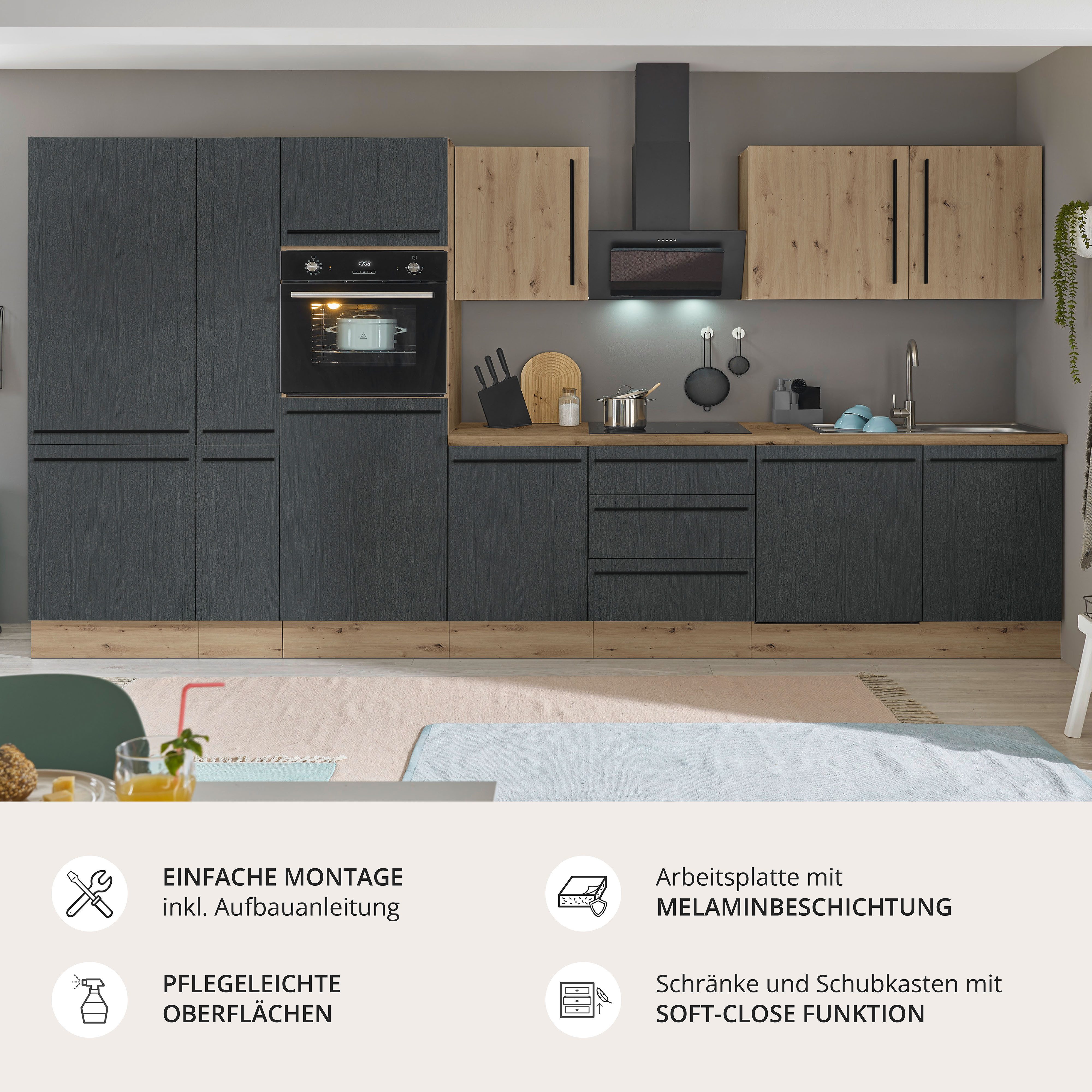Coin cuisine Florida, largeur 370 cm, avec appareils électroménagers en option, fermeture amortie pour les portes et les tiroirs