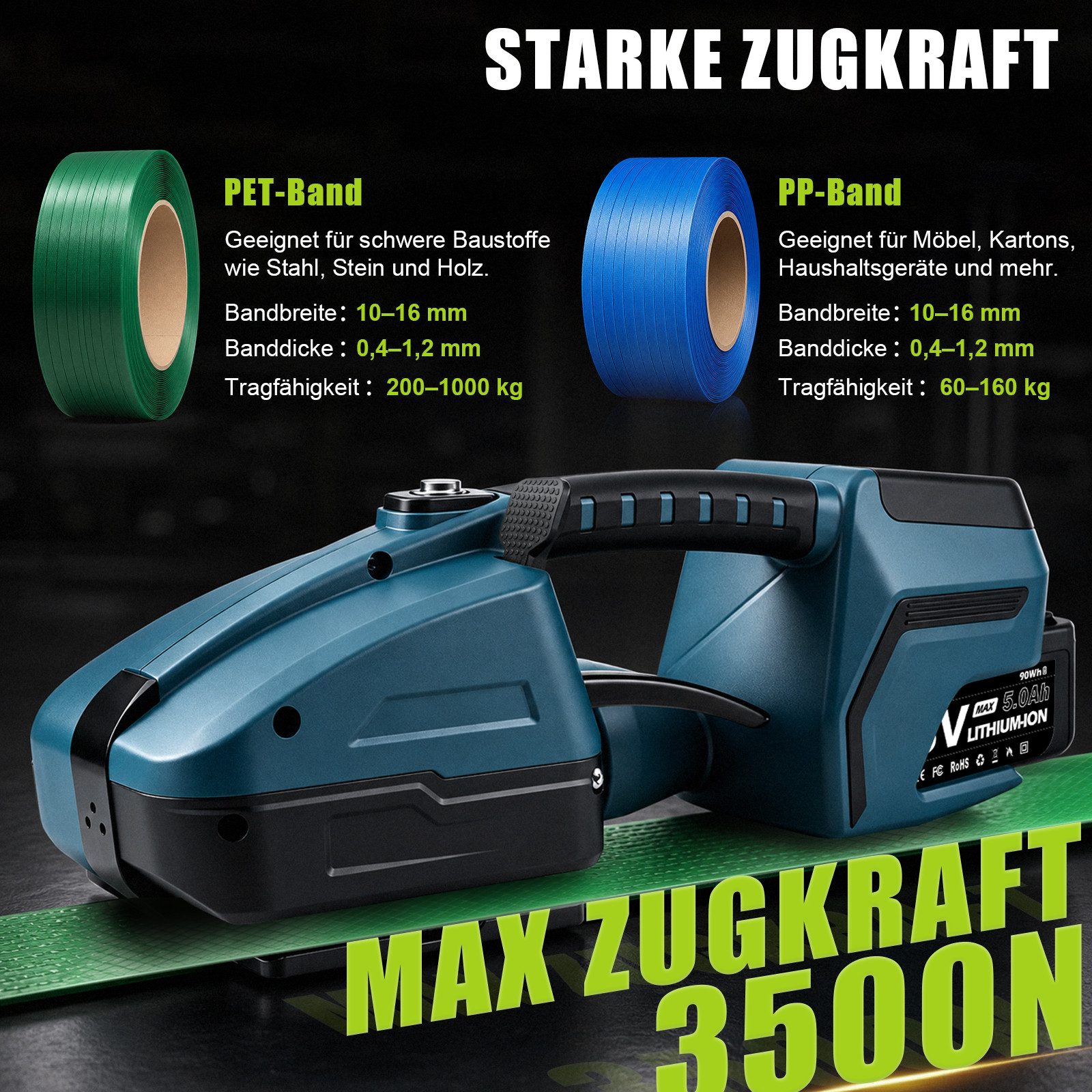XERSEK Elektrowerkzeug-Set 3500N Elektrische Umreifungsmaschine Umreifungsgerät mit 2×5Ah Akku, Set, 10-tlg., 10Gang mit Digitaldisplay für 10-16mm PET/PP Umreifungsband, Packwerkzeug für Boxen und Paletten
