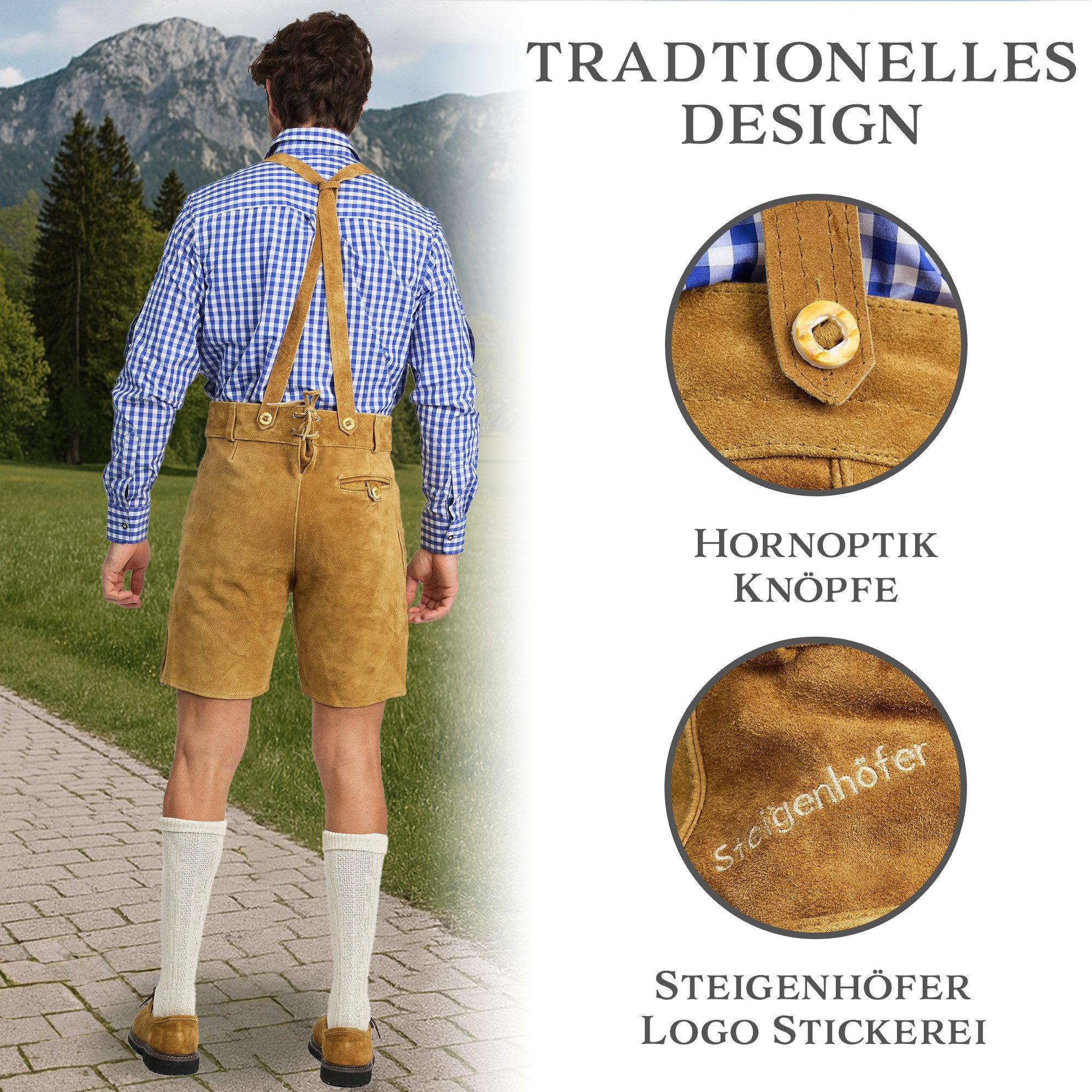 Steigenhöfer Manufaktur Trachtenlederhose Lederhose Herren Tracht kurz - Anton - 100% Rindsleder - Kurze Hose (Inklusive verstellbarer Träger) Traditionelle Ech – Bild 3 von 5