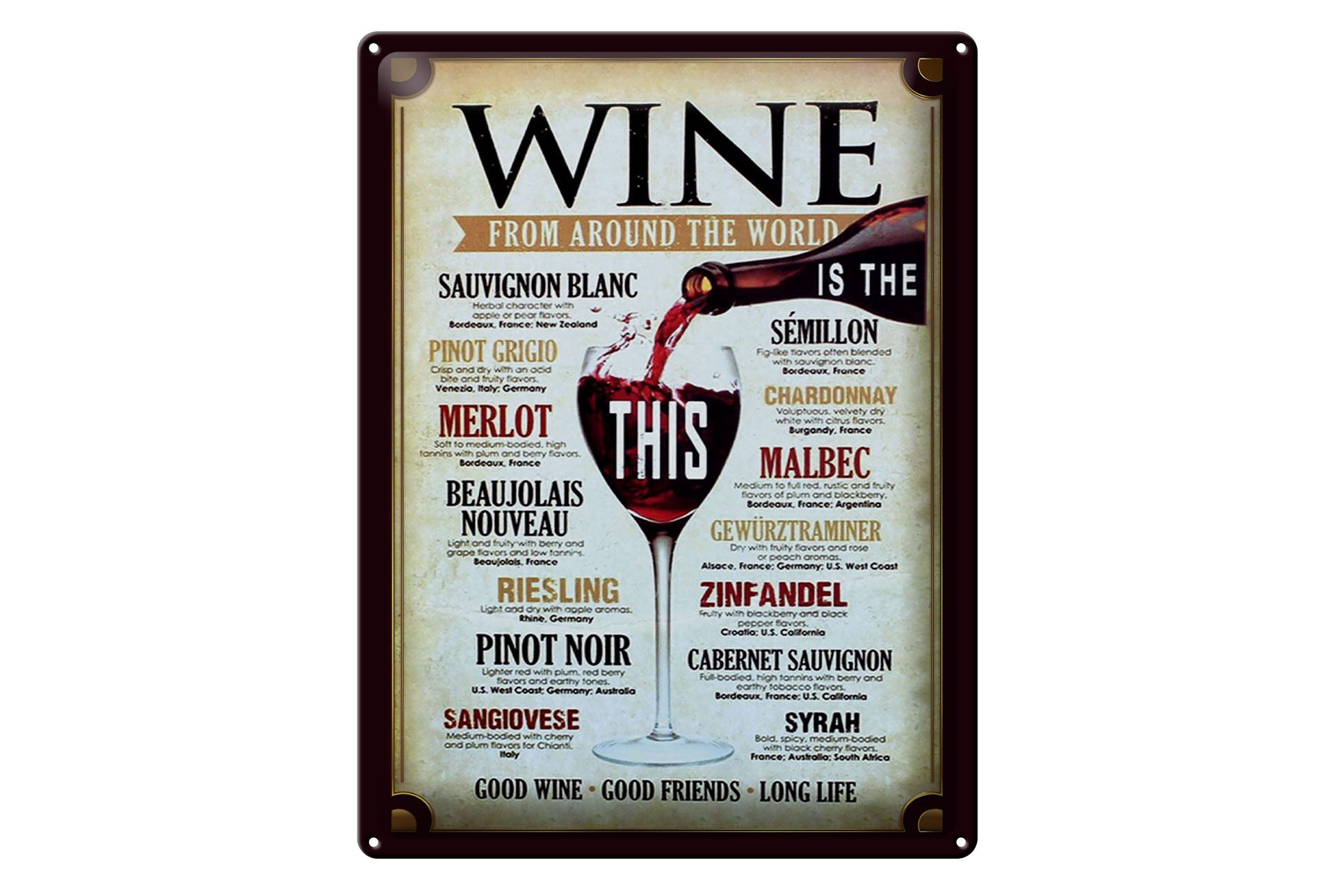 Femer GmbH Metallschild Alkohol 30x40 cm Wein Good wine goood friends long life, (1 St), gewölbte Oberfläche, abgerundete Ecken, umgeschlagene Kanten