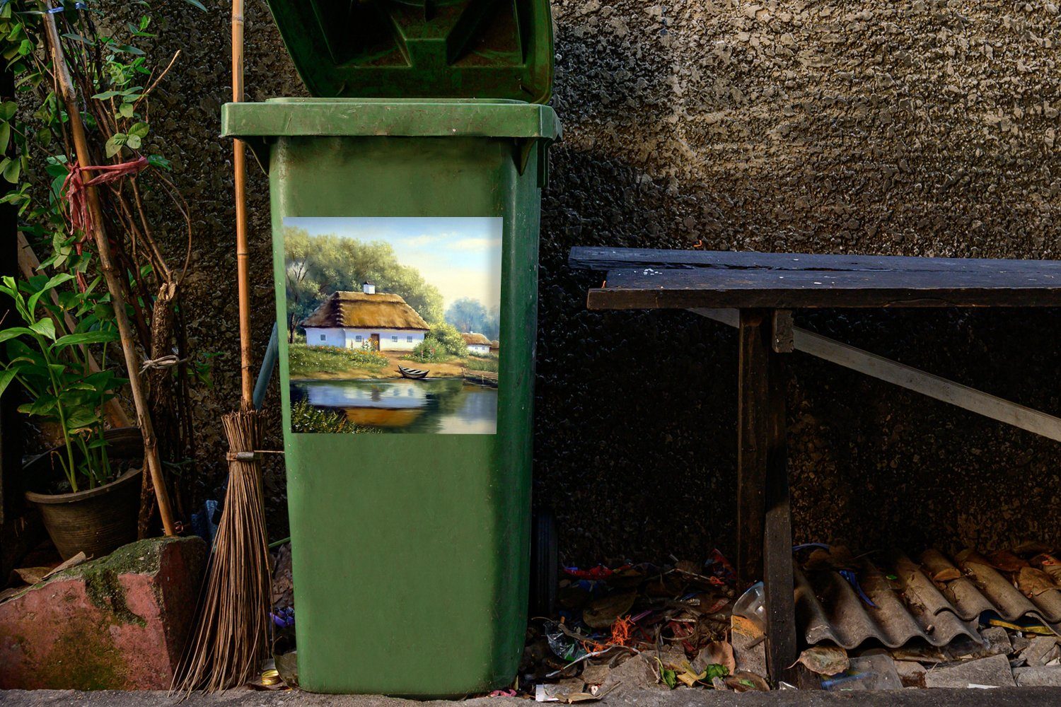 MuchoWow Wandsticker Malerei Sticker, - - Natur Mülltonne, (1 Abfalbehälter - Haus Container, Ölfarbe Mülleimer-aufkleber, - Wasser St)
