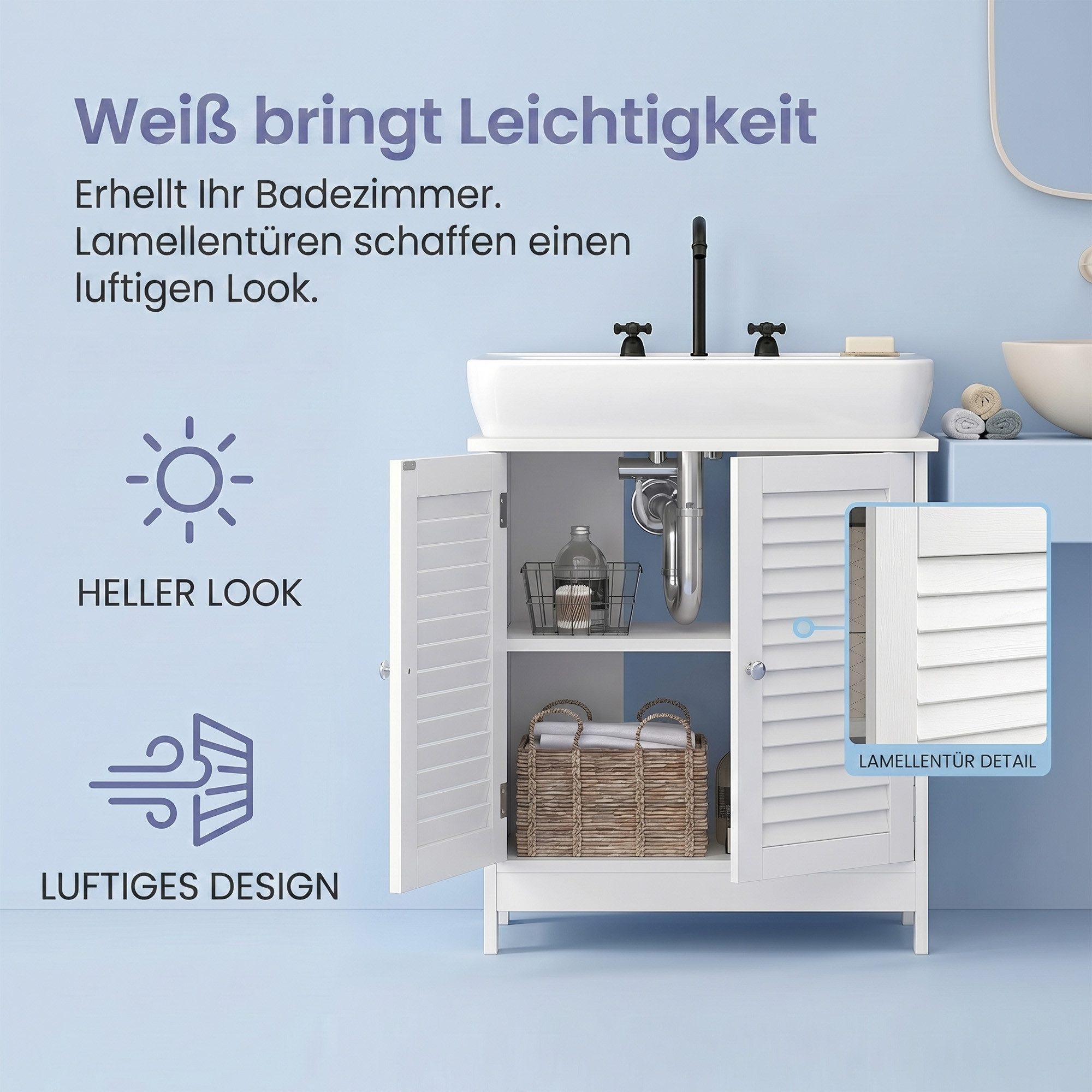 VASAGLE Waschbeckenunterschrank Badezimmerschrank mit Griffen 60 x 30 x 60 cm, skandinavischer Stil, mit 2 Lamellentüren – Bild 5 von 5