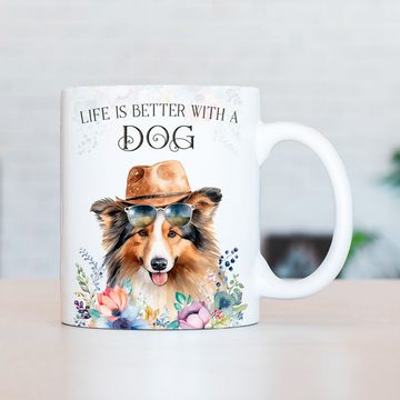 Cadouri Tasse SHELTIE - Kaffeetasse für Hundefreunde, Keramik, mit Hunderasse, beidseitig bedruckt, handgefertigt, Geschenk, 330 ml