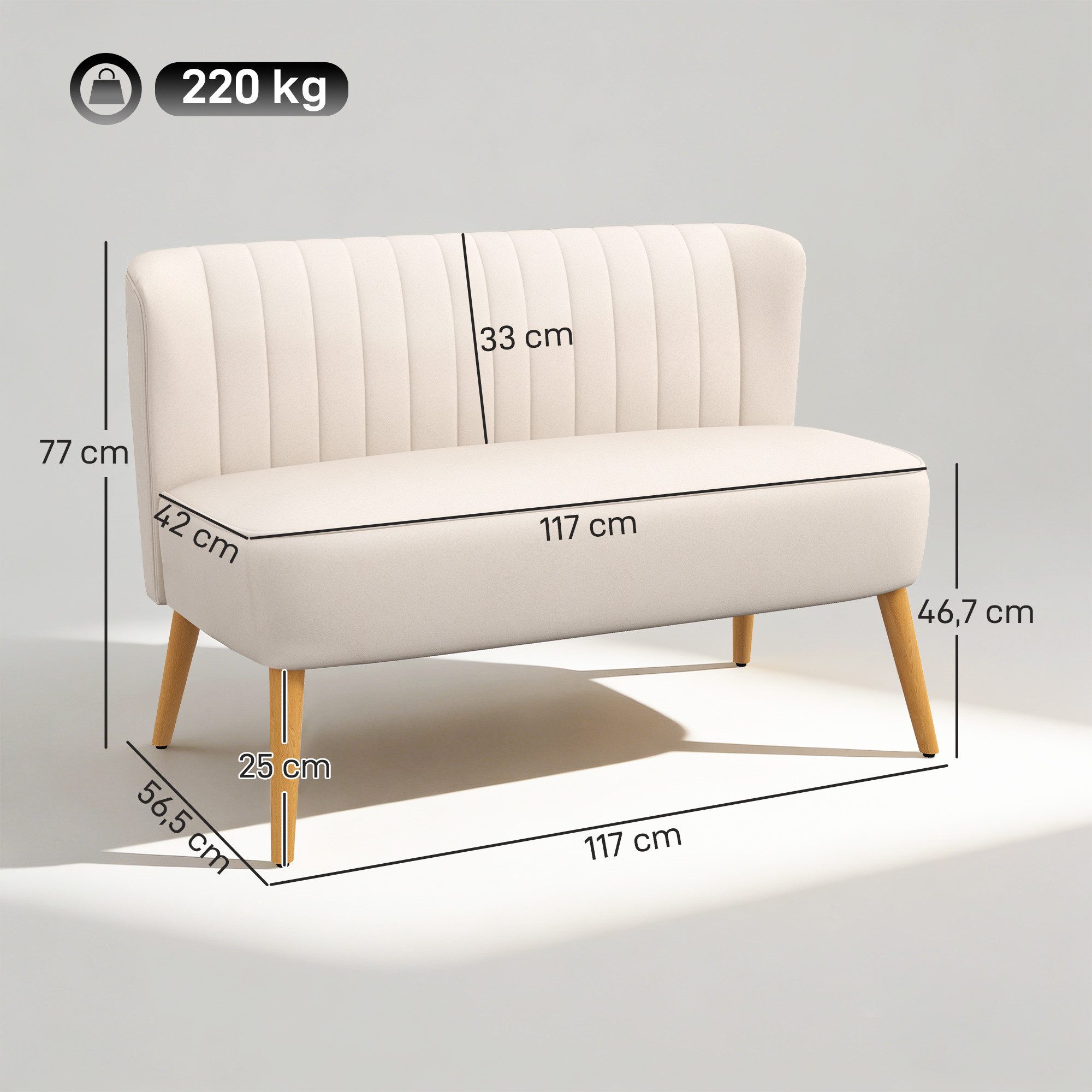 HOMCOM Loveseat Sofa 2 Sitzer mit Samt-Optik (Couch, 1-St., Modern Polstersofa), Cremeweiß 117 x 56,5 x 77 cm