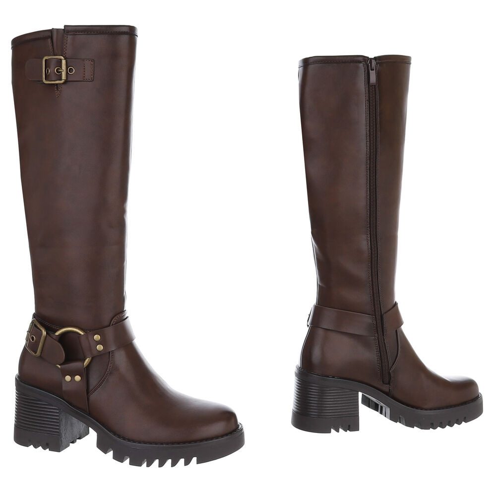 Ital-Design Trendige Winterstiefel mit Blockabsatz und Schnalle Bikerboots (90109772) Blockabsatz Stiefel in Braun – Bild 4 von 5
