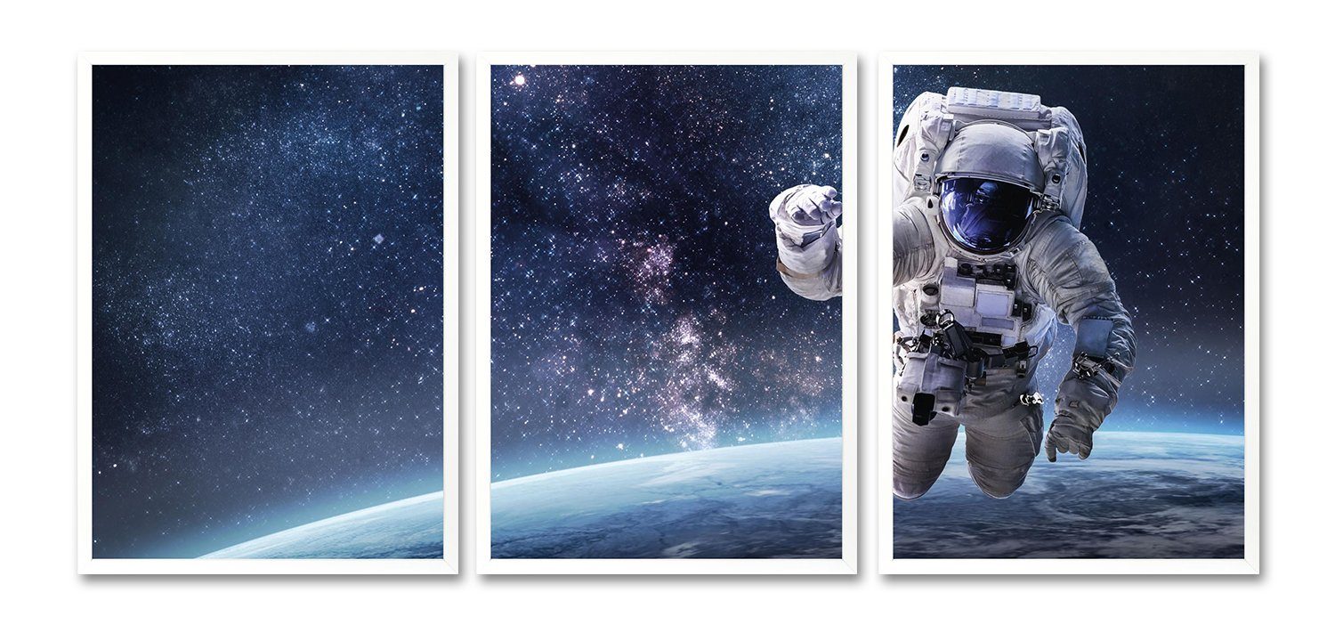 queence Bild mit Rahmen Astronaut - Weltall - Weltraum - Gerahmter Digitaldruck - Wandbild, Astronaut (3er-Set), 3x 30x40 cm - Holzrahmen - Dekoration - Weißer Rahmen - Triptychon