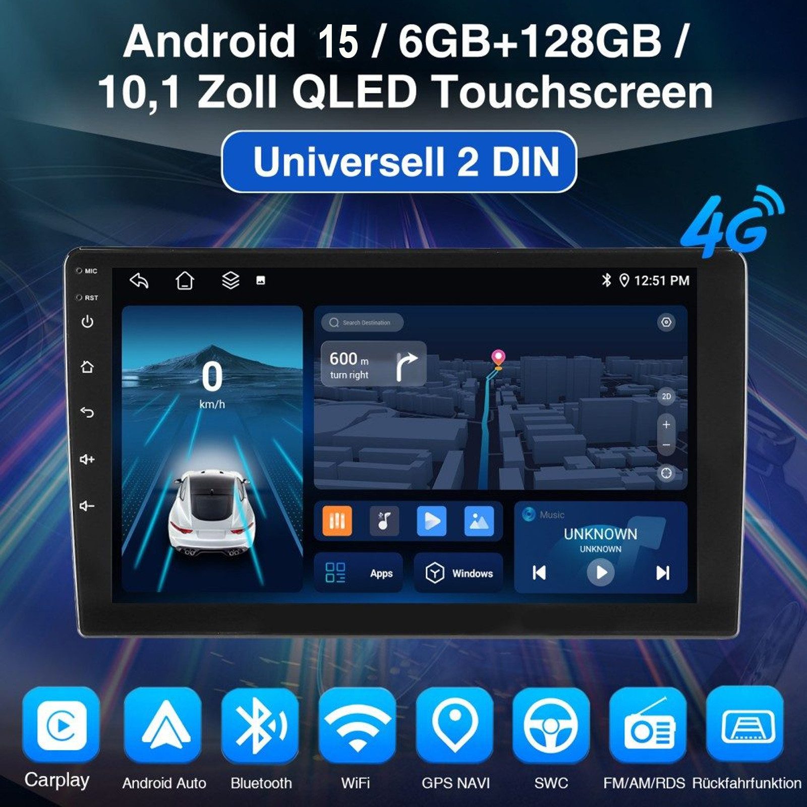 ESSGOO 10'' DAB+ 2DIN 6+128G Android 15 GPS Navi DAB Bluetooth WIFI Carplay Autoradio (DAB+ (optional), DAB (optional), RDS, 6GB+128GB, AM, FM, 10 Zoll Octa-Core 8-Kern DSP 4G LTE SWC BT EQ GPS Navi WIFI)