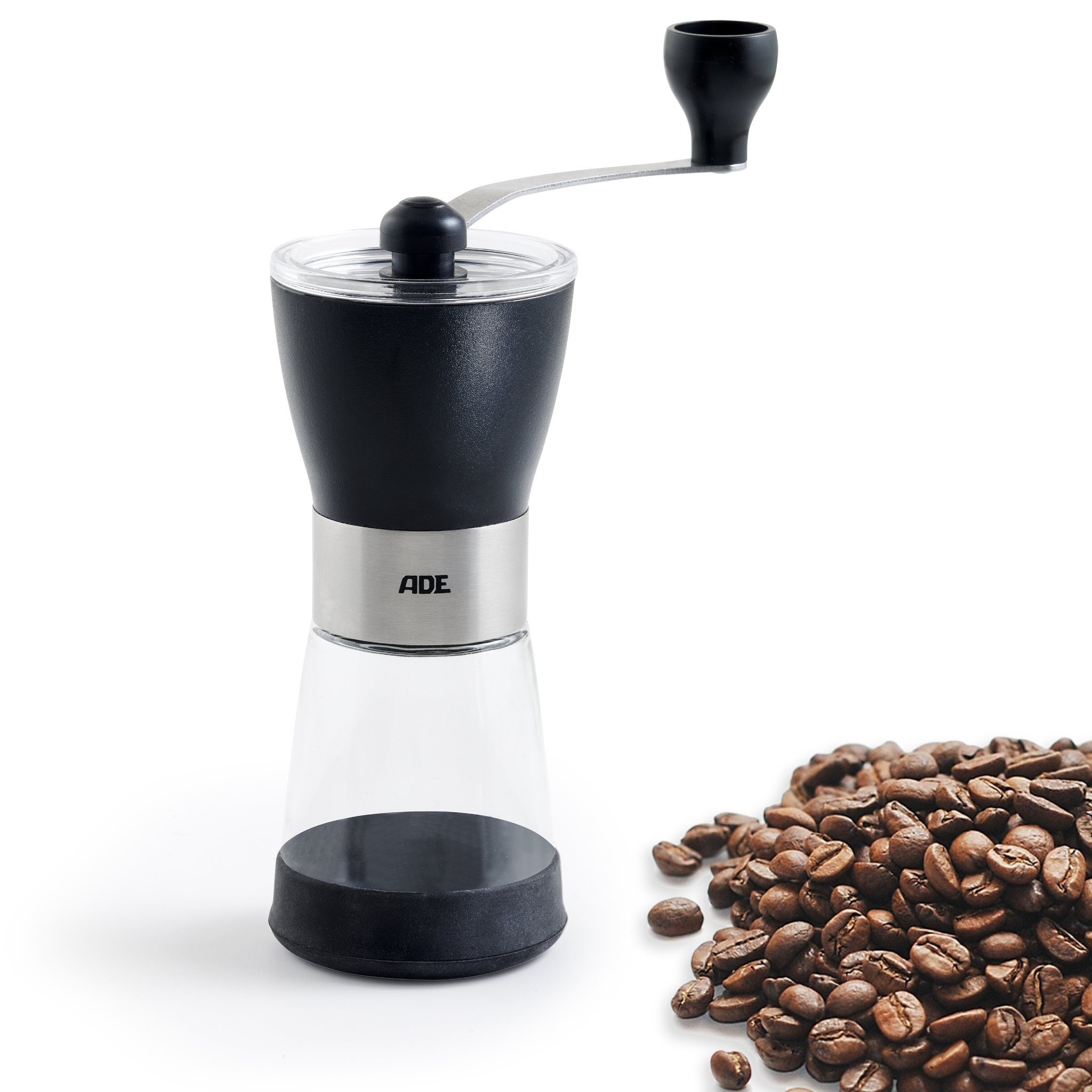 ADE Kaffeemühle manuell mit Aromabehälter aus Glas, Kegelmahlwerk, 65,00 g Bohnenbehälter, stufenloser Mahlgrad für French Press, Siebträger und Filterkaffee