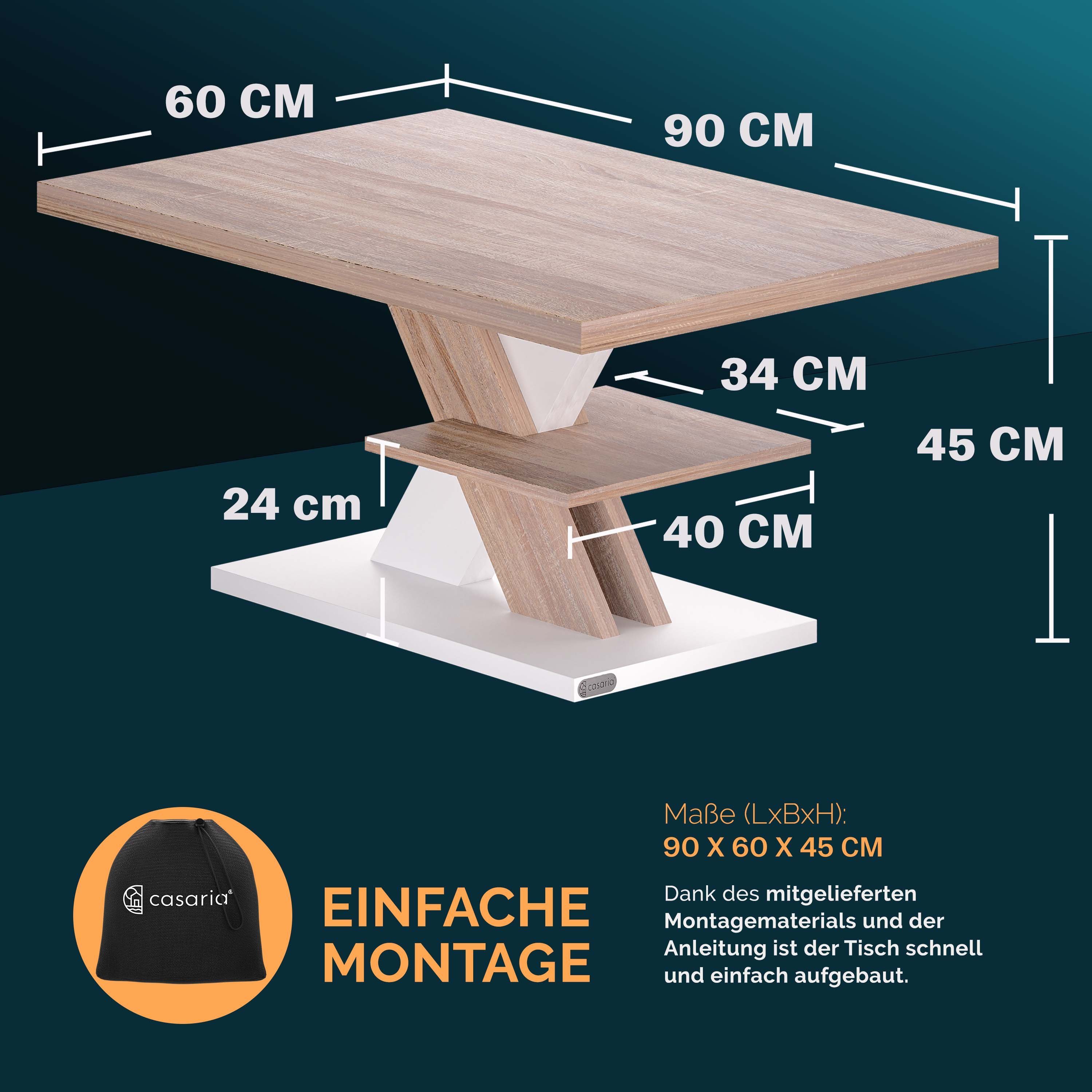Casaria Couchtisch, 90x45x60cm Tischplatte modern 50kg Belastbarkeit Kratzfest 50mm Holz Braun