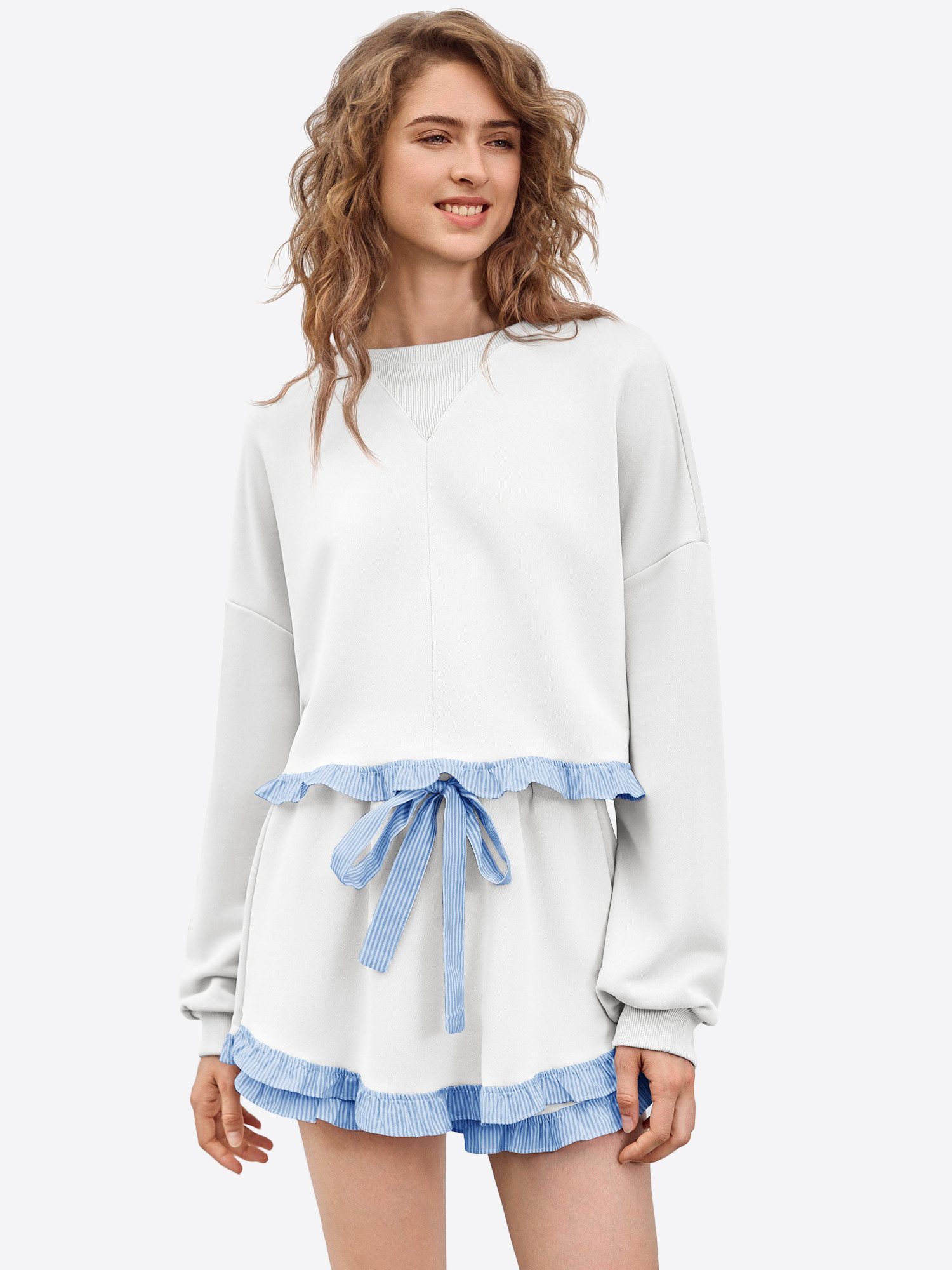 Imily Bela Freizeitanzug Damen 2-teilige Lässige Freizeitset (Set, 2-tlg., Sweatshirt+Shorts), Rüschen Besatzung