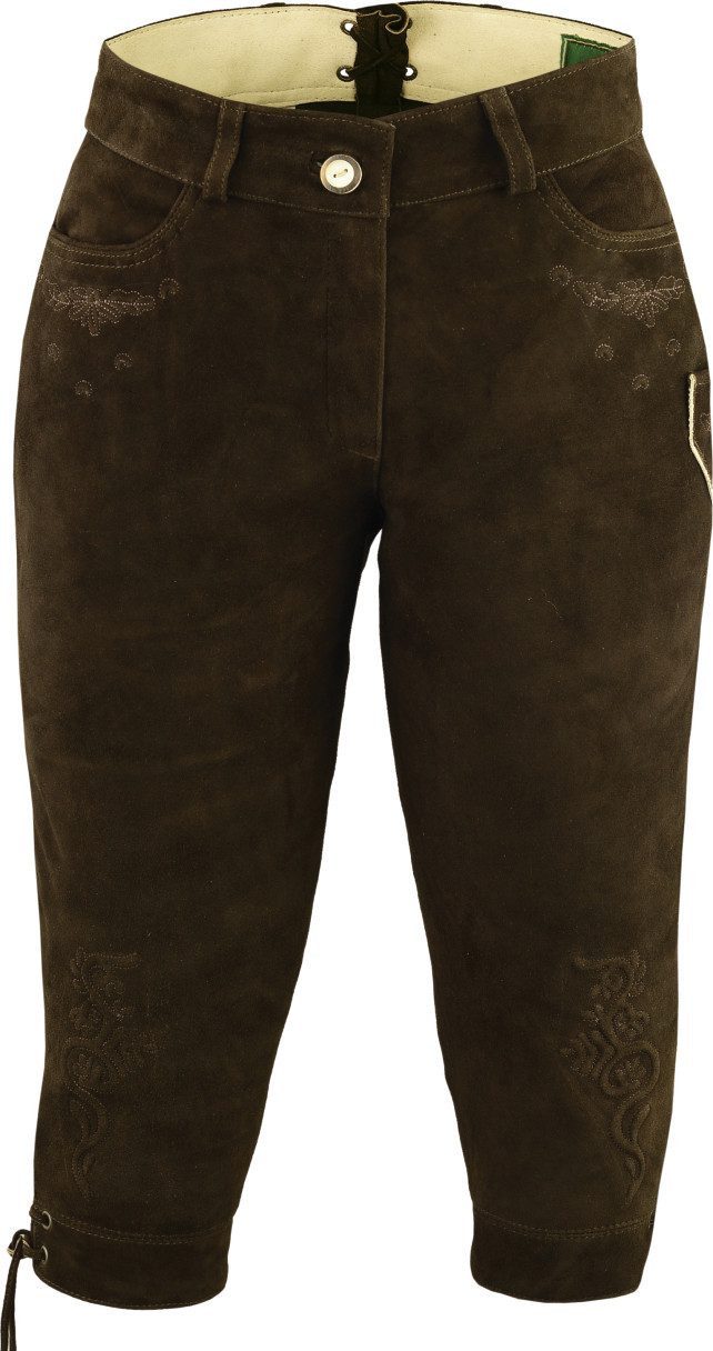Fuente Leather Wears Trachtenlederhose Lederhose für Damen, Kniebund, Wildbock, Braun, Beigeoliv, Stickerei Wildbock Knielange Trachtenlederhose Damen