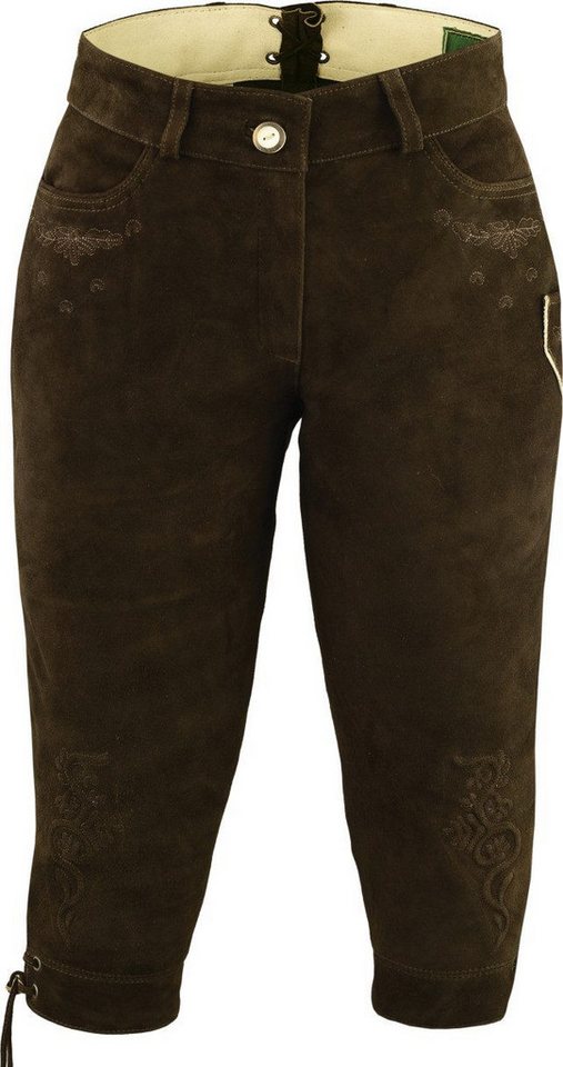 Fuente Leather Wears Trachtenlederhose Lederhose für Damen, Kniebund, Wildbock, Braun, Beigeoliv, Stickerei Wildbock Knielange Trachtenlederhose Damen
