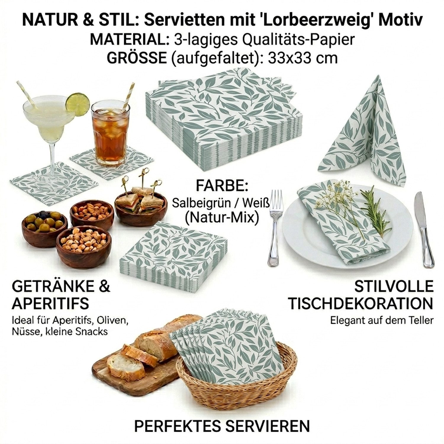 Macosa Home Papierserviette Set 40 Stk. 33 x 33 cm Motiv Blätter Grün Weiß, (40 St., Servietten Partyservietten Sommer Salbei), Tischdeko Einwegservietten Papier