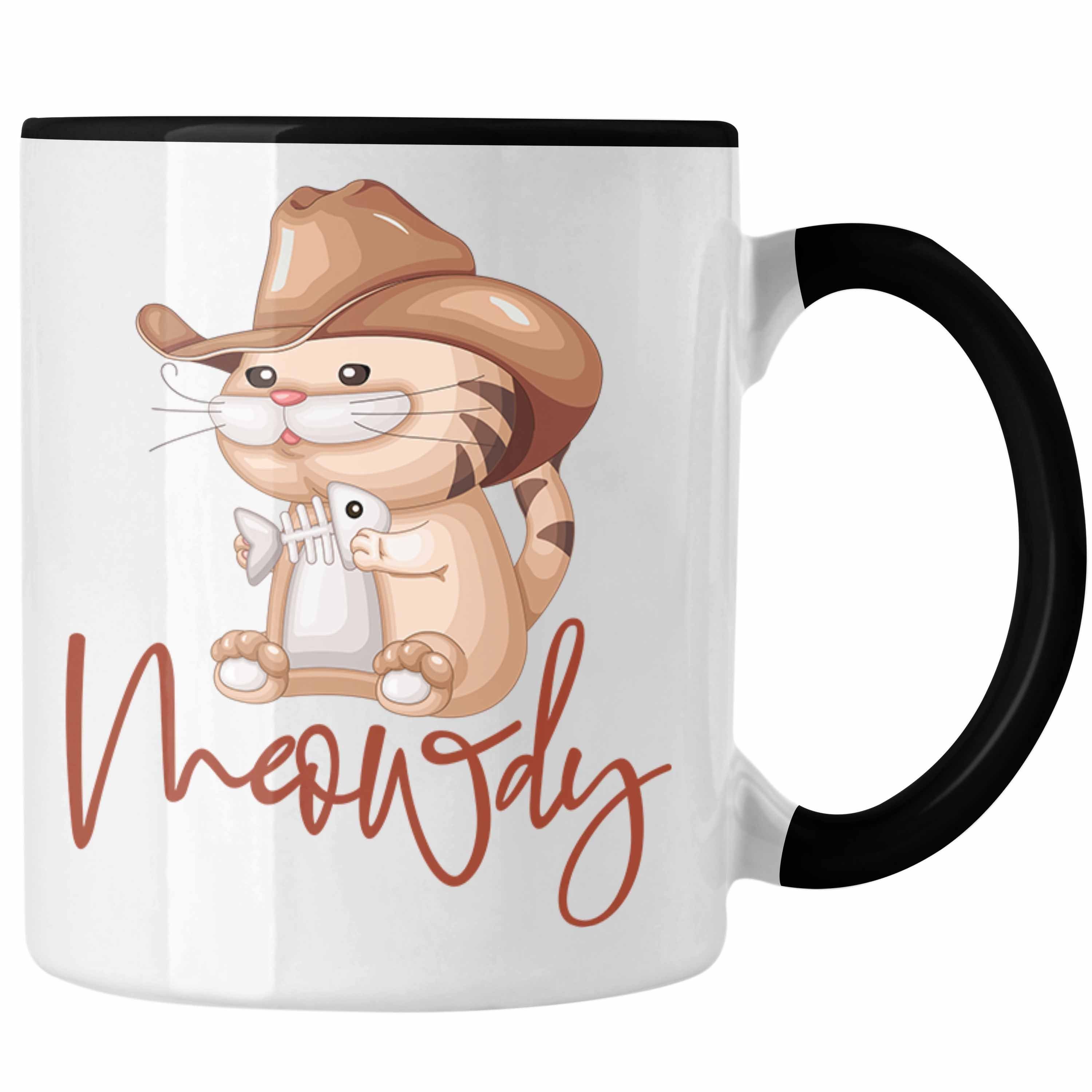 Trendation Tasse Meowdy Tasse Geschenk Katzenliebhaber Geschenkidee Schwarz