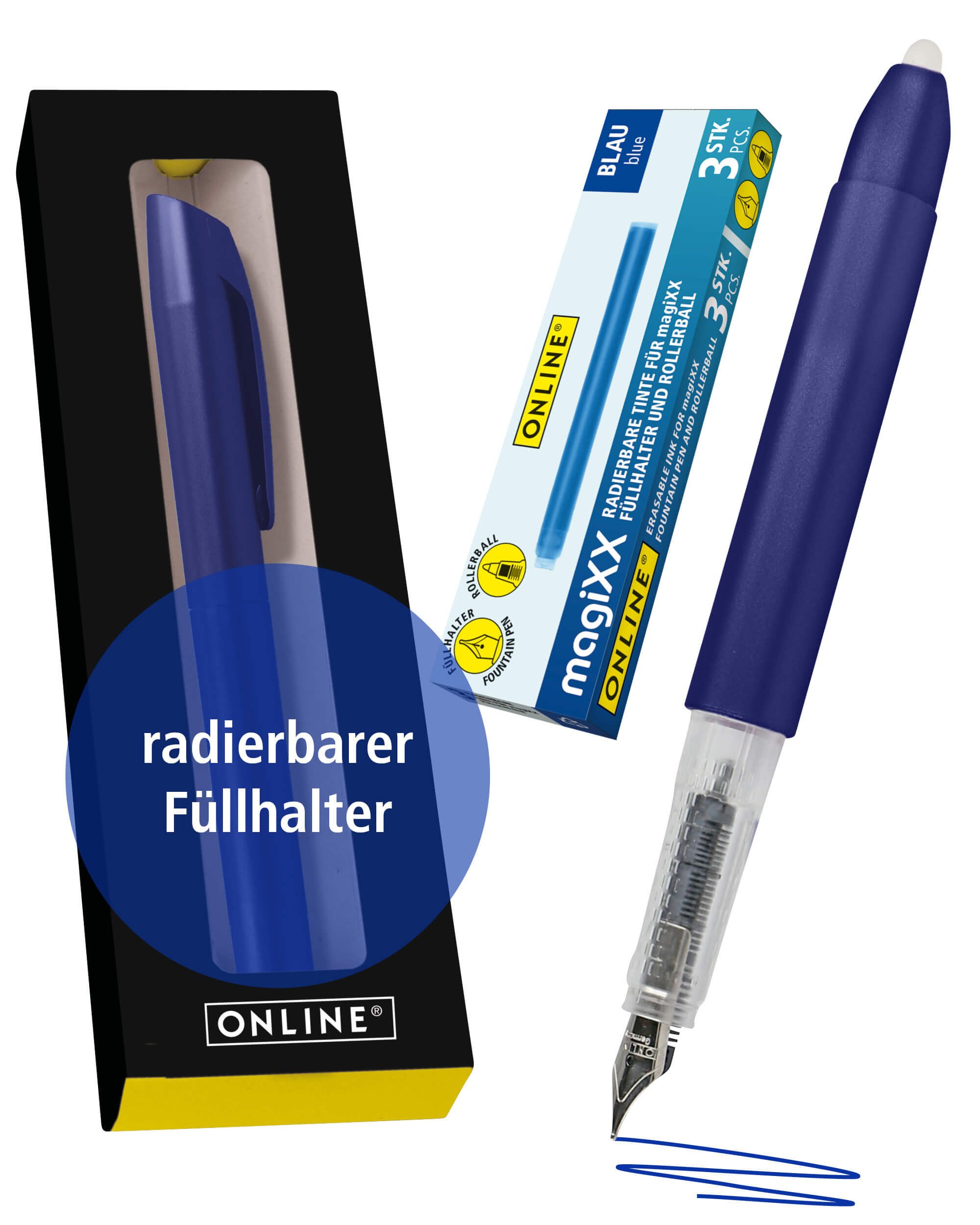 Online Pen Füller magiXX Radierbarer Füller, (2-tlg), mit radierbarer, blauer Tinte, inkl. 4 magiXX Patronen, Vorteilspack