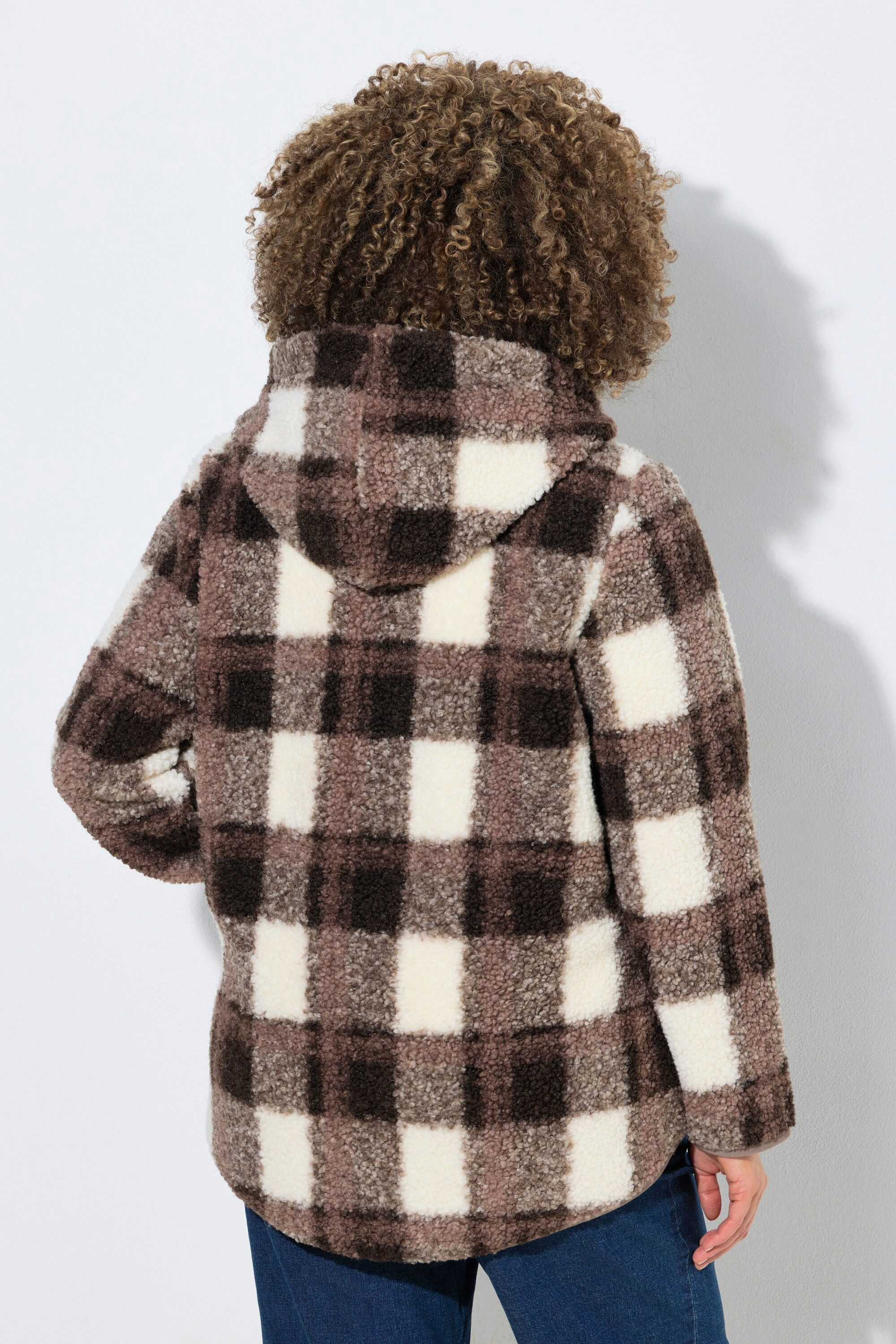 Ulla Popken Sweatjacke Teddy-Jacke Karo Kapuze Langarm