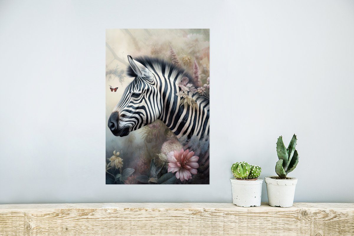 - St), Poster Poster, MuchoWow Zebra Blumen, Wohnzimmer, Rahmen (1 Wandposter für - Tiere Schmetterling Wilde Ohne Wandbild, -