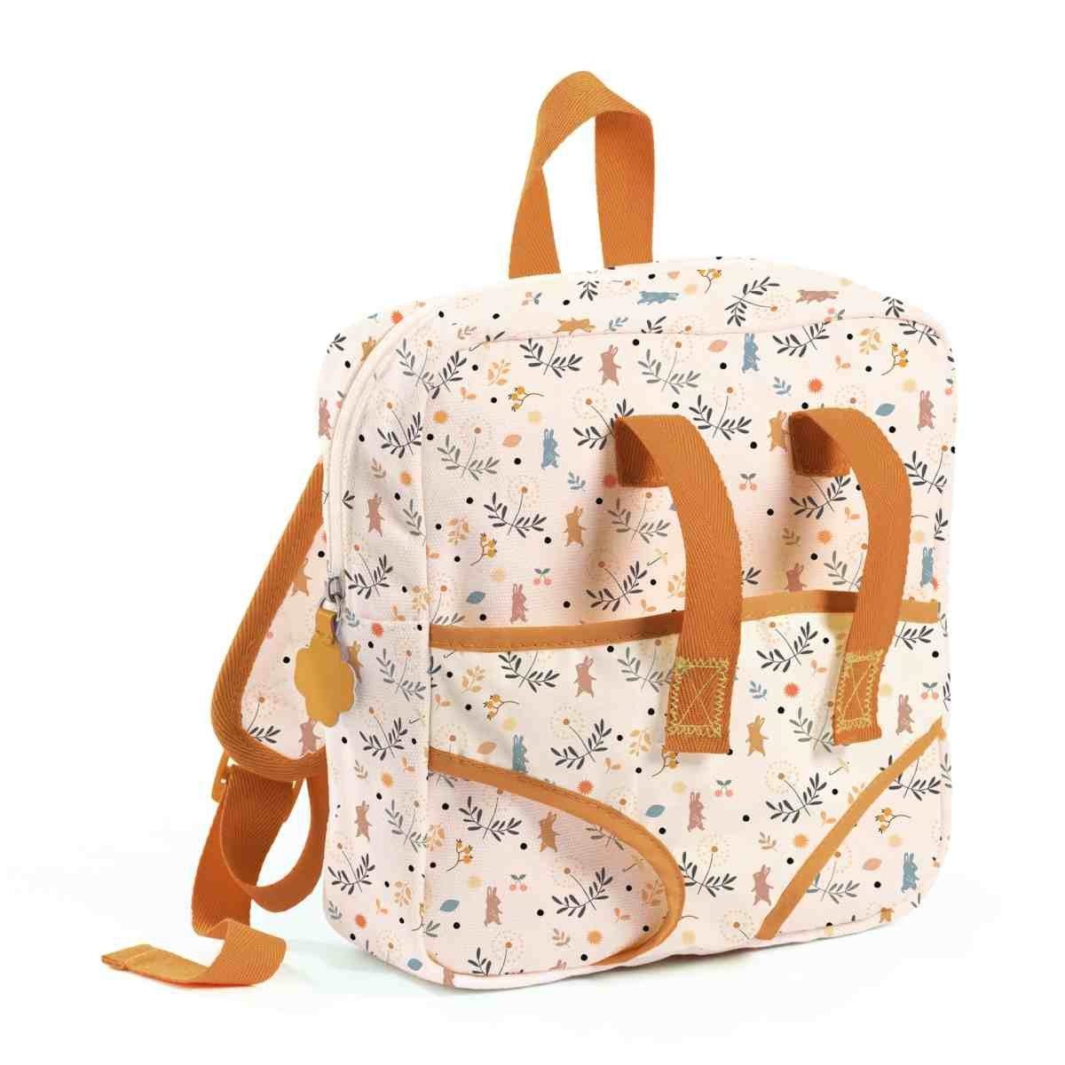 DJECO Puppen Tragetasche Pomea Kinderrucksack mit integrierter Puppentrage 2-in-1-Rucksack