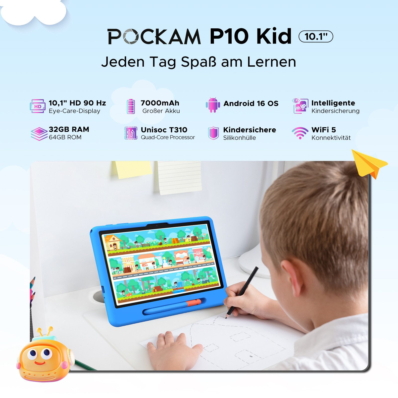 POCKAM Kinder Lern-Tablet mit Elternkontrolle 10'' Android 16, 64GB ROM kids Tablet (10.1", 64 GB, Android 16, WiFi, Mit Gemini AI, Stylus, Silikonhülle, 7000mAh Akku & 5G WiF)
