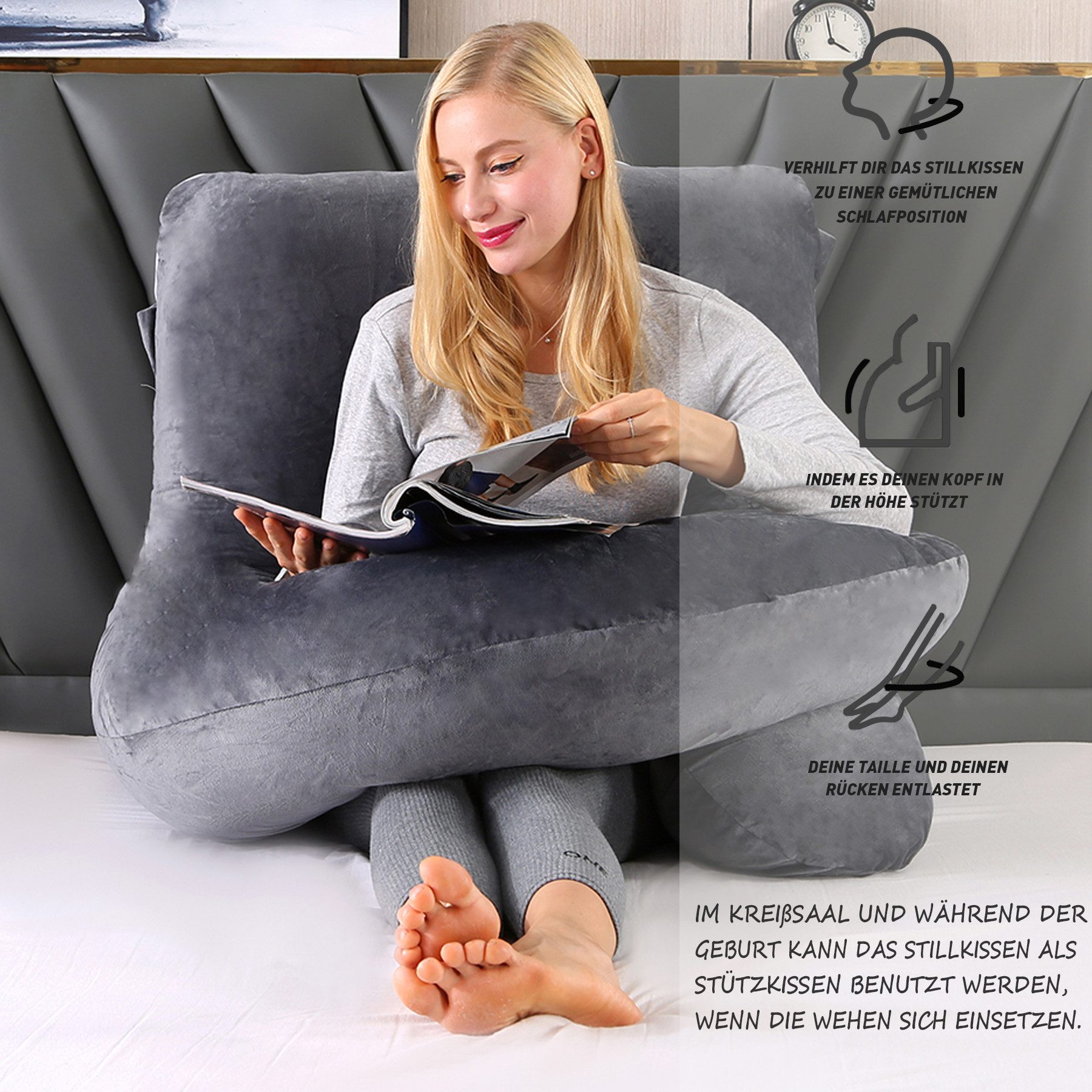 CALIYO Seitenschläferkissen Stillkissen, J-förmiges Schwangerschaftskissen zum Schlafen, Seitenkissen, Seitenschläferkissen ergonomisch geformt – Bild 4 von 5