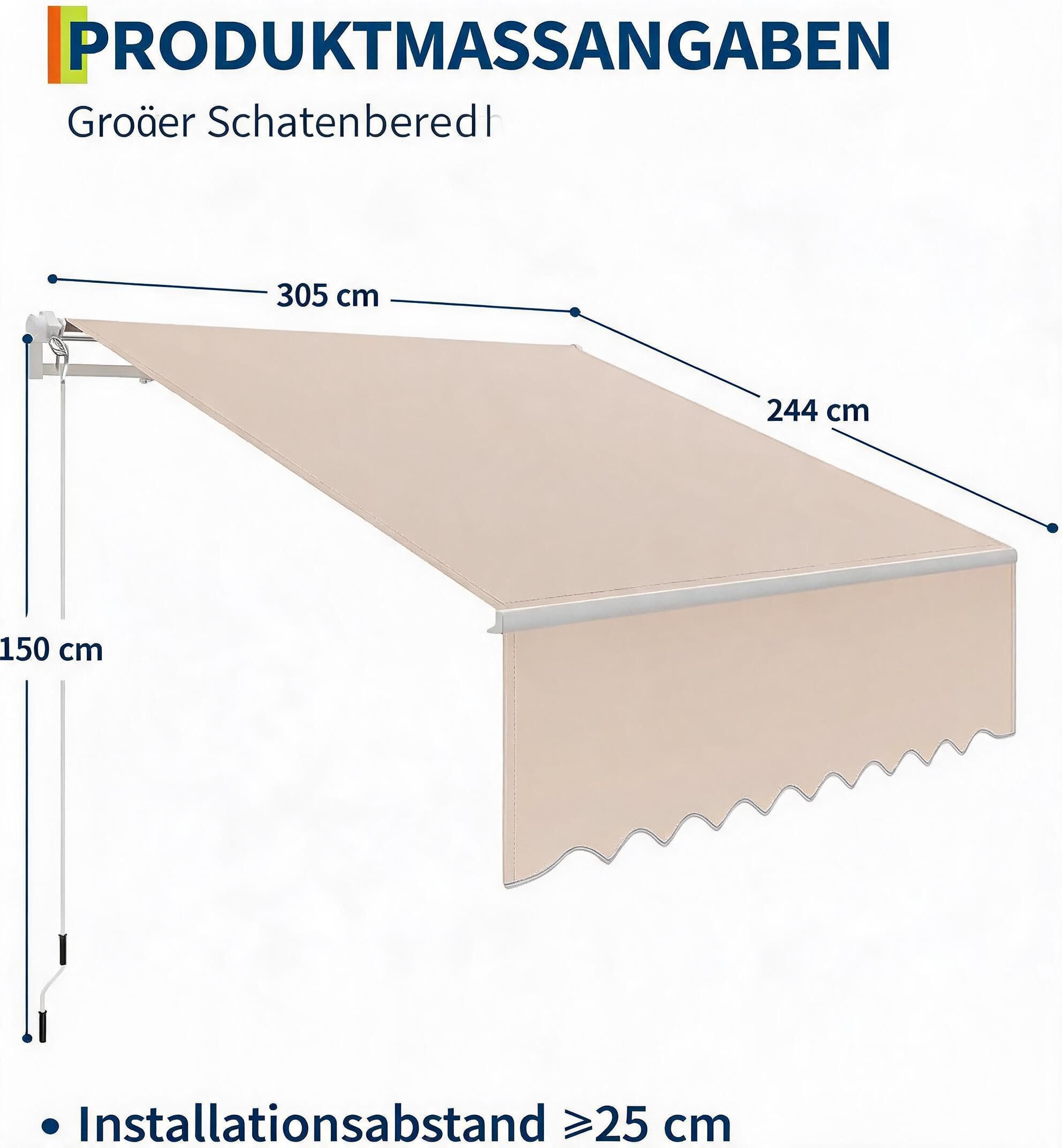 GarveeMore Gelenkarmmarkise 300 x 250 cm,UV40+ & wasserabweisend, mit Kurbel & Wandhalterung Länge + Winkel einstellbar, Markise für Terrasse & Balkon