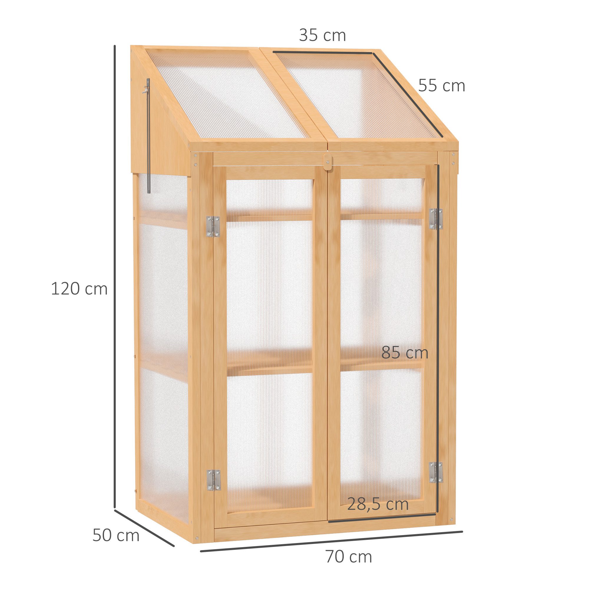 Outsunny Hochbeet 70 x 50 x 120 cm, mit Abdeckung, Fenster, Doppeltür, lichtdurchlässig (Frühbeet Holz, 1 St., Mini Gewächshaus), mit 3 Regale, winterfest, für Garten, Balkon, Braun