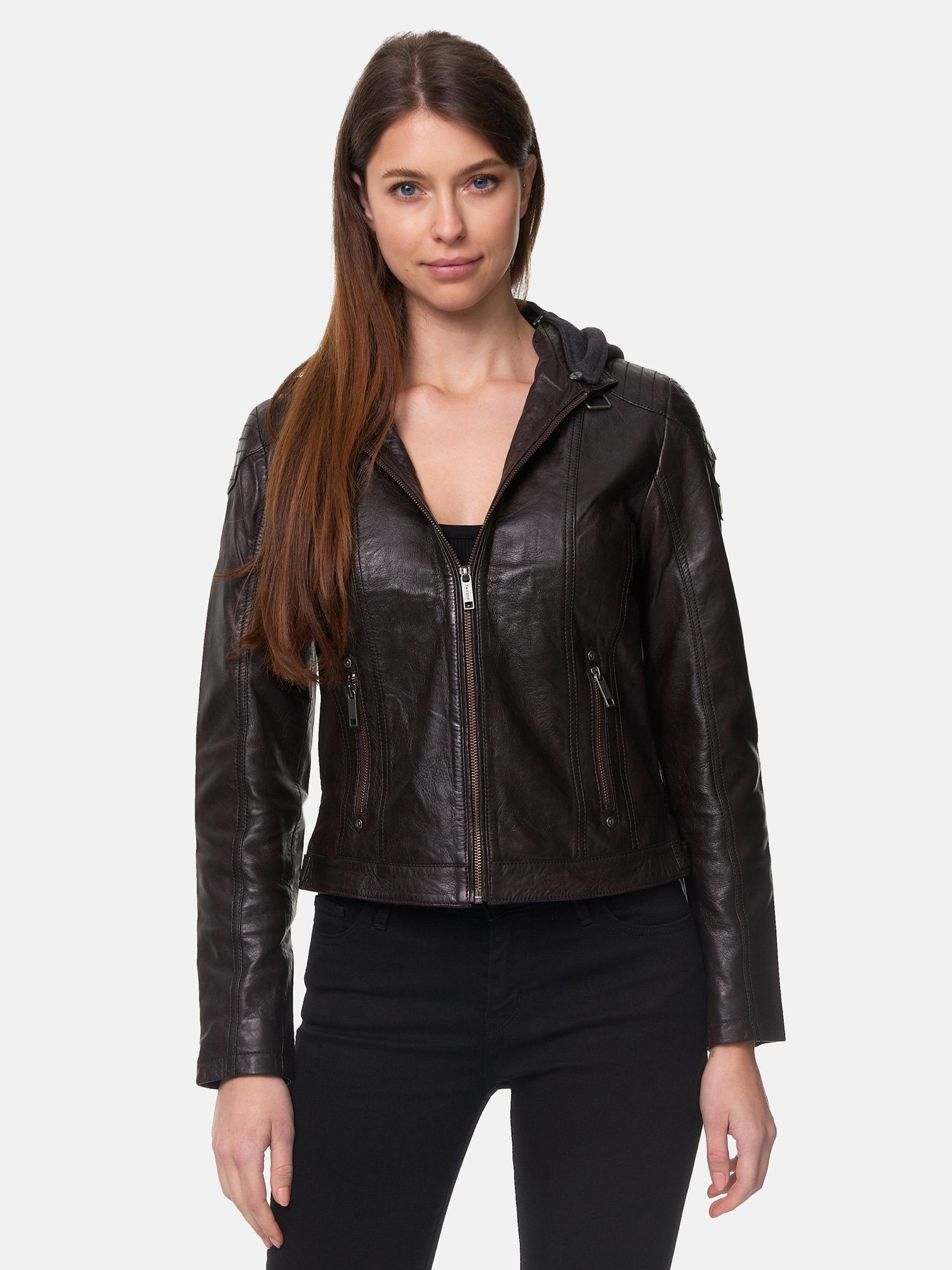 Tazzio Lederjacke F503 Damen Leder Jacke im Biker Look mit abnehmbarer Kapuze braun