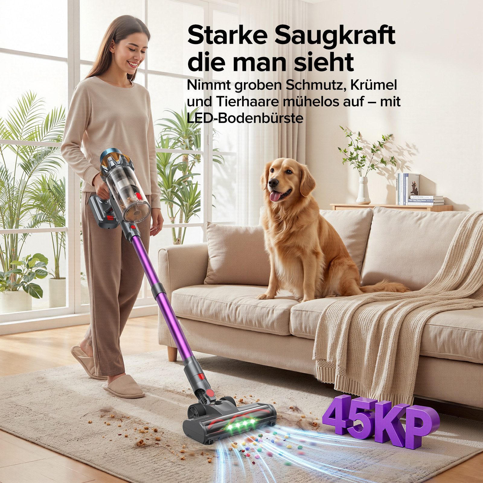 lubluelu Akku-Hand-und Stielstaubsauger P6 Kabellos Akku Staubsauger Handstaubsauger 45kPa/50Min, 450 W, beutellos, Selbststehendes Design,Staubsauger für Tierhaare,Teppich und Hartboden