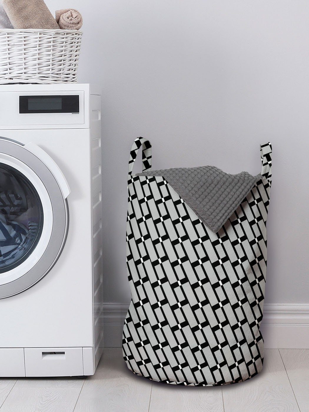 Abakuhaus Wäschesäckchen monotone mit und Kordelzugverschluss Wäschekorb für Griffen Schwarz Shapes Waschsalons, Grau
