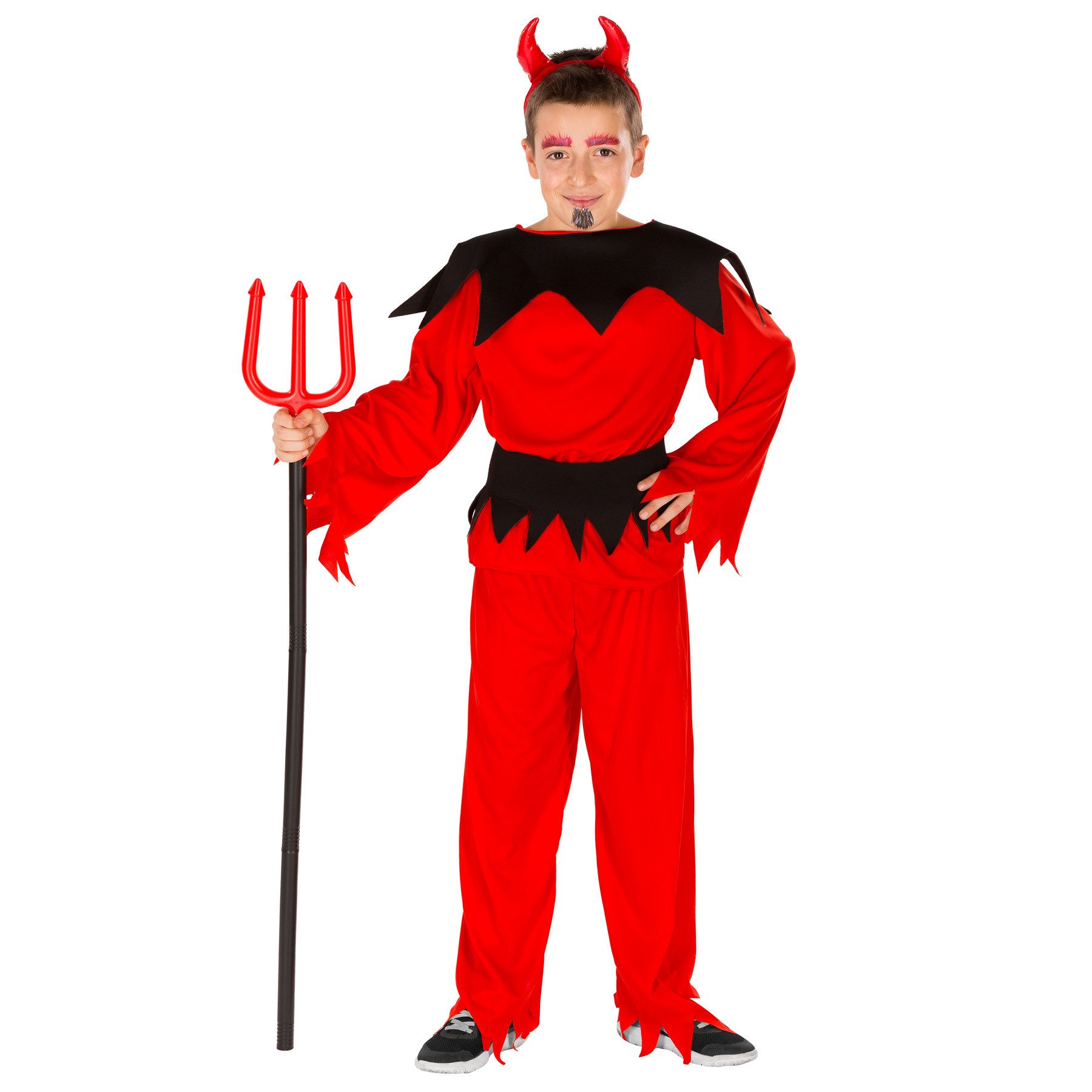 dressforfun Vampir-Kostüm Luzifer/Teufelsgestalt, in rot, Zackenoptik/Flammenlook, Bindegürtel, Gr. 128 (8-10 Jahre), Oberteil und Hose, Haarreifen mit Teufelshörnern