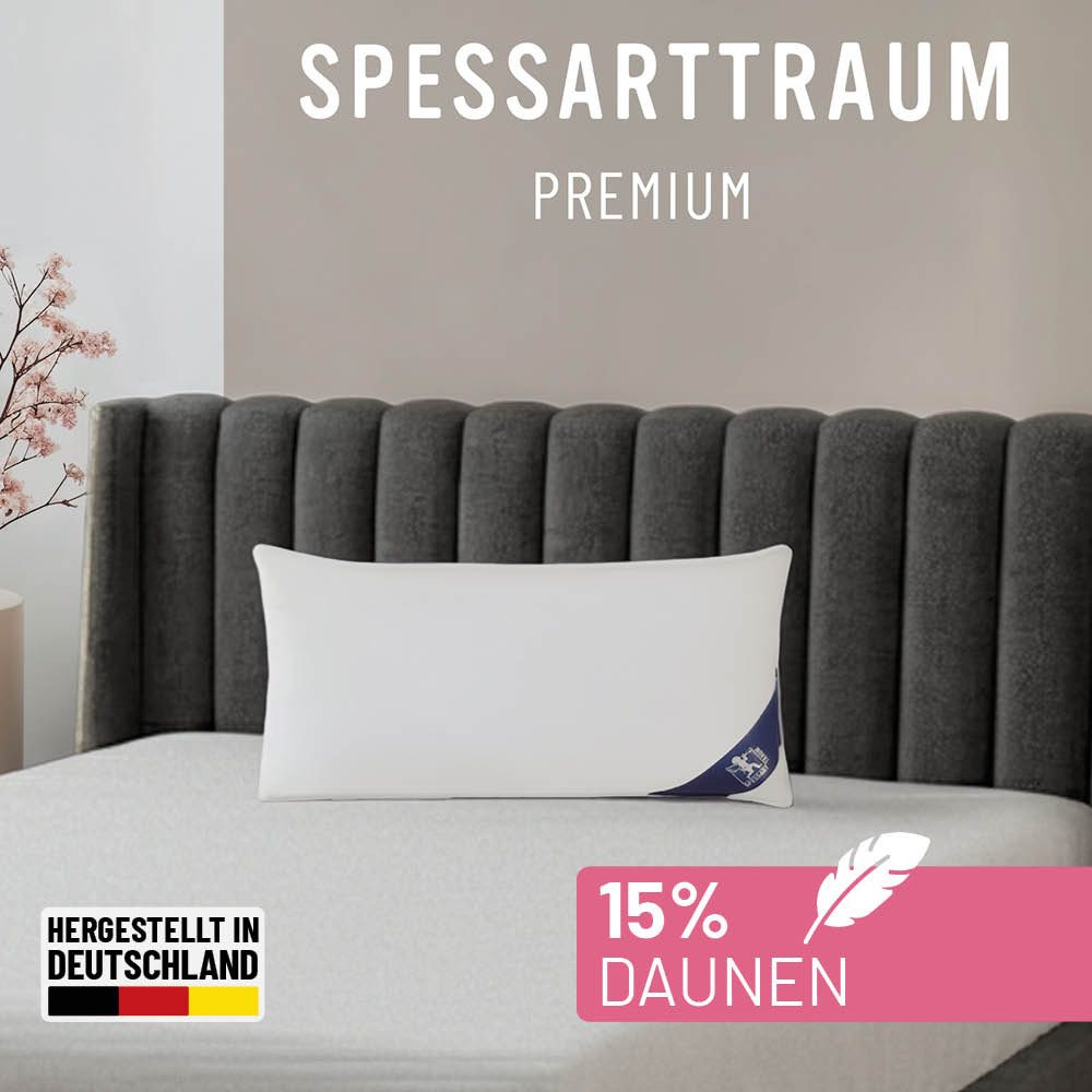 SPESSARTTRAUM Gänsefederkopfkissen Premium, Kopfkissen 1-tlg. oder 2-tlg. 40x80 oder 80x80 cm, Füllung: 85% Gänsefedern / 15% Gänsedaunen, Klasse 1, Downpass zertifiziert, Bezug: 100% Baumwolle, Made in Green, Hausstauballergiker geeignet, hergestellt in
