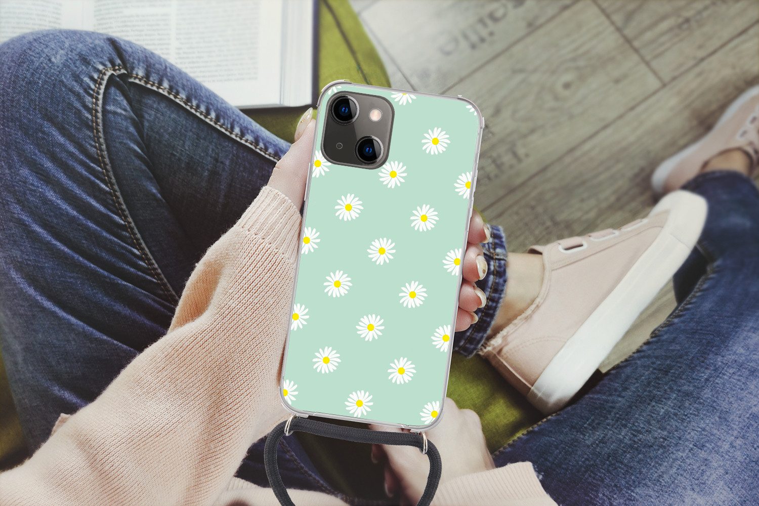 MuchoWow Handyhülle für Apple iPhone 13 Mini Gänseblümchen - Pastell - Weiß - Grün - Flora, Tragbare Handyhüllen mit Kette zum umhängen, Handykette Handyband