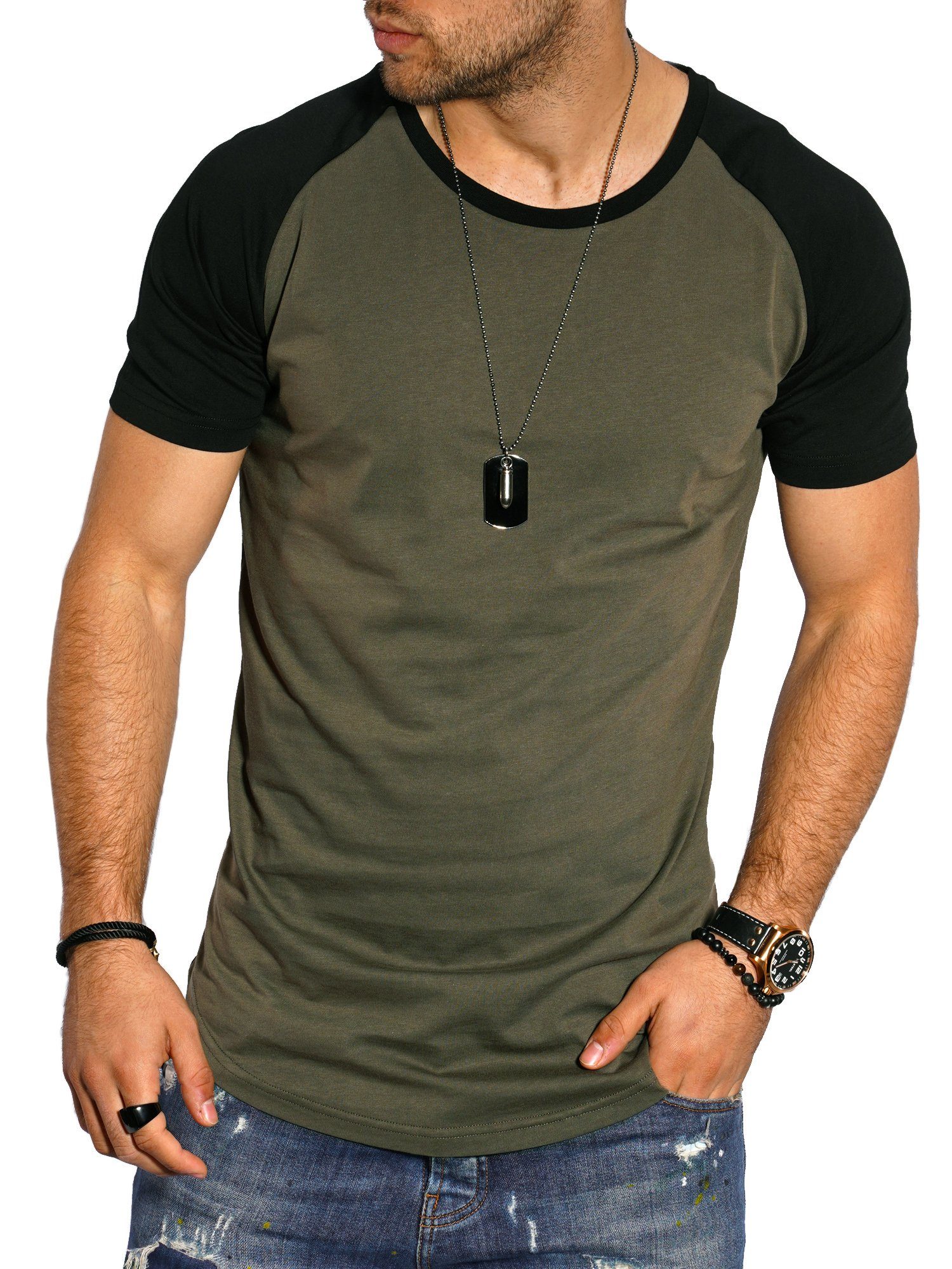 Raglan-Stil SDBOISE Khaki-Schwarz Basic T-Shirt Style-Division im